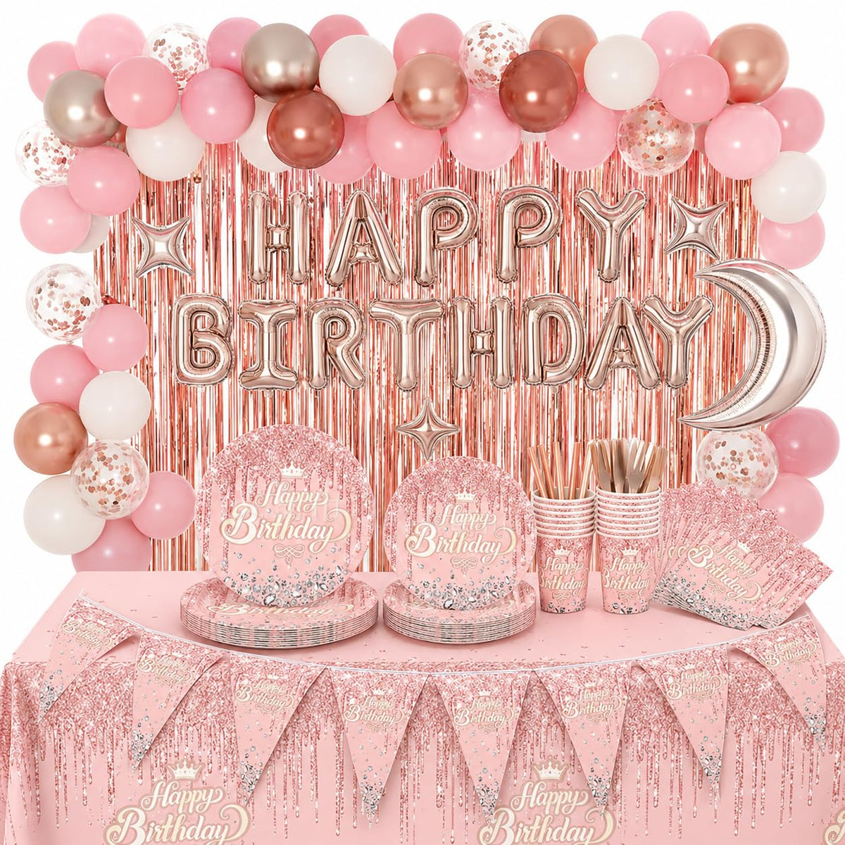 ONCIDO ONICON Metallic Pink Happy Birthday Decorations Women Girls