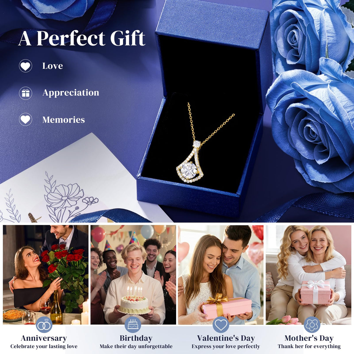 E-EMERMAKING Moissanite Necklace Pendant Gift for Women, 925 Sterling Silver 18K Yellow Gold Vermeil Hypoallergenic 1.0-