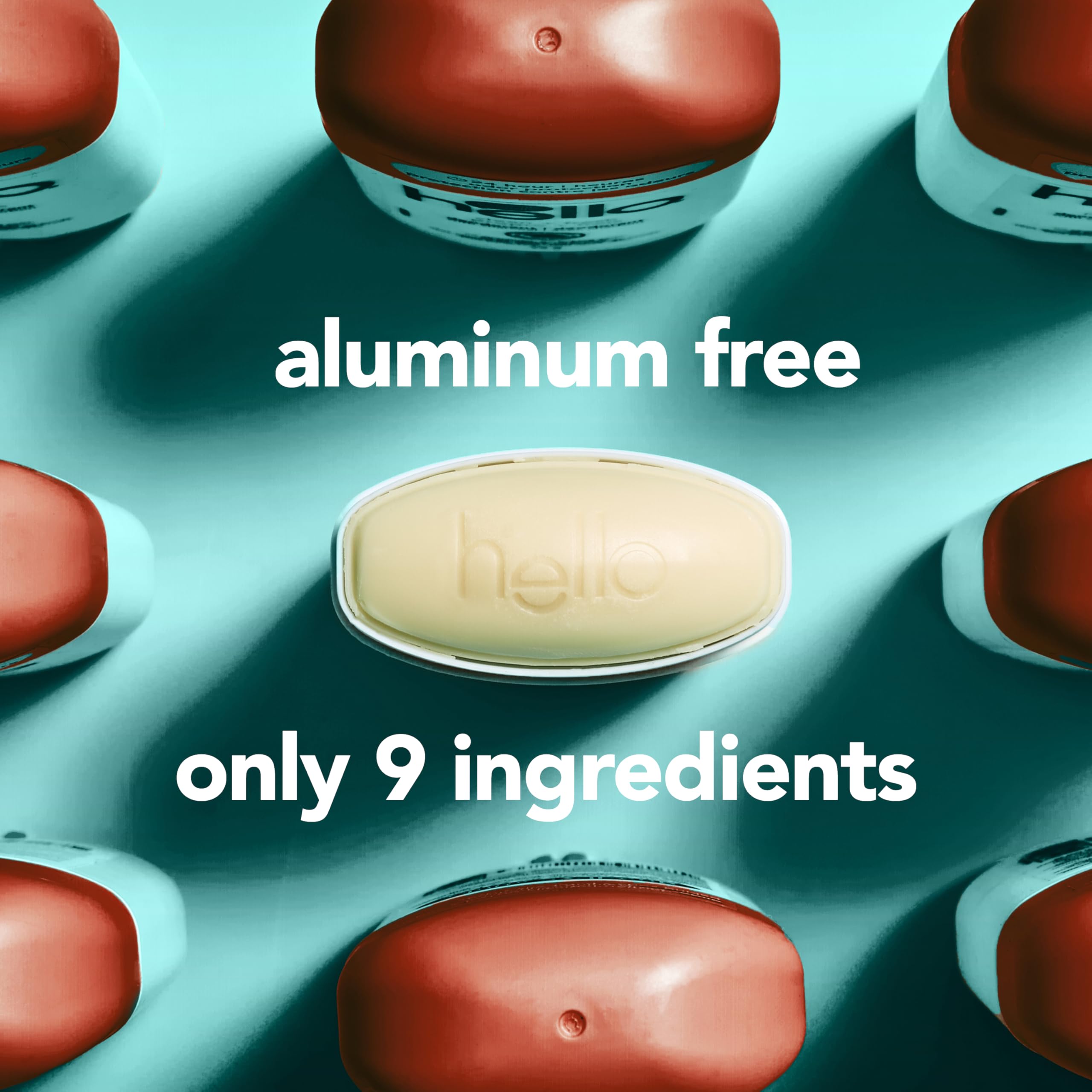 Hello aluminum-free deodorant variety 3-pack with natural body deodorants in 2.6 oz sticks, shown in a display with different scents.