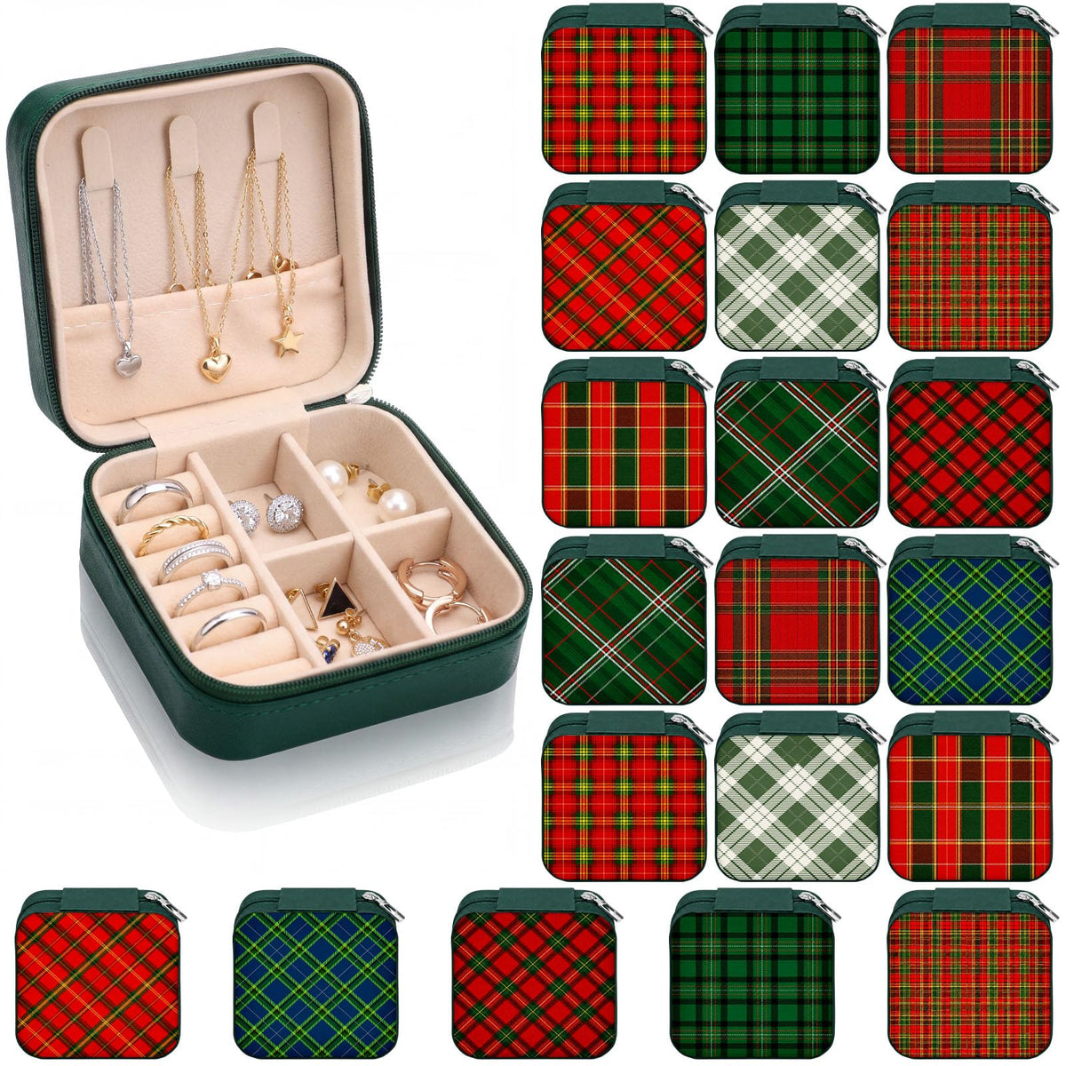 Nosiny 20 Pcs Christmas Tartan Plaid Jewelry Box Mini Leather Case Gift – Red and Green