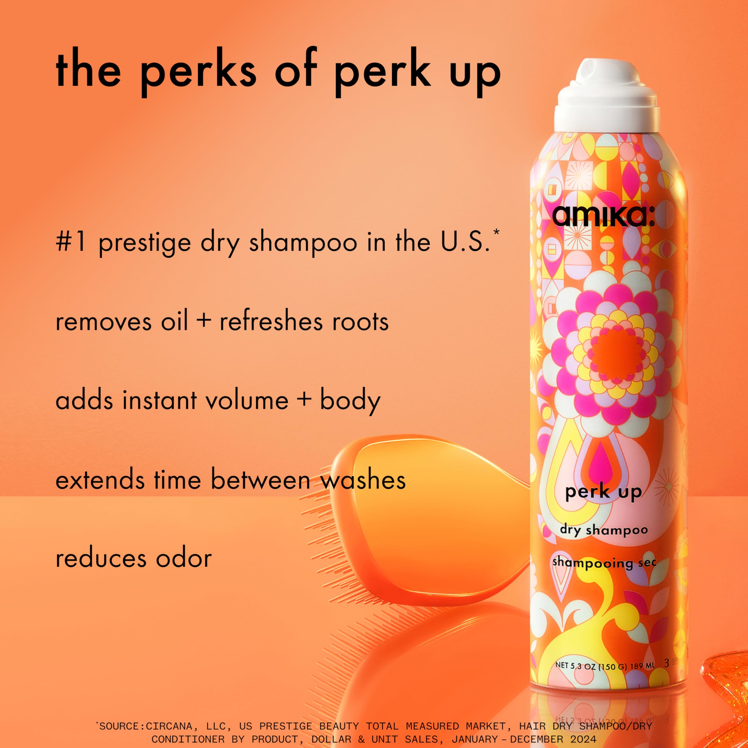 Amika Perk Up Dry Shampoo bottle, 5.3 oz, with spray nozzle, showcasing the sleek packaging and product label.