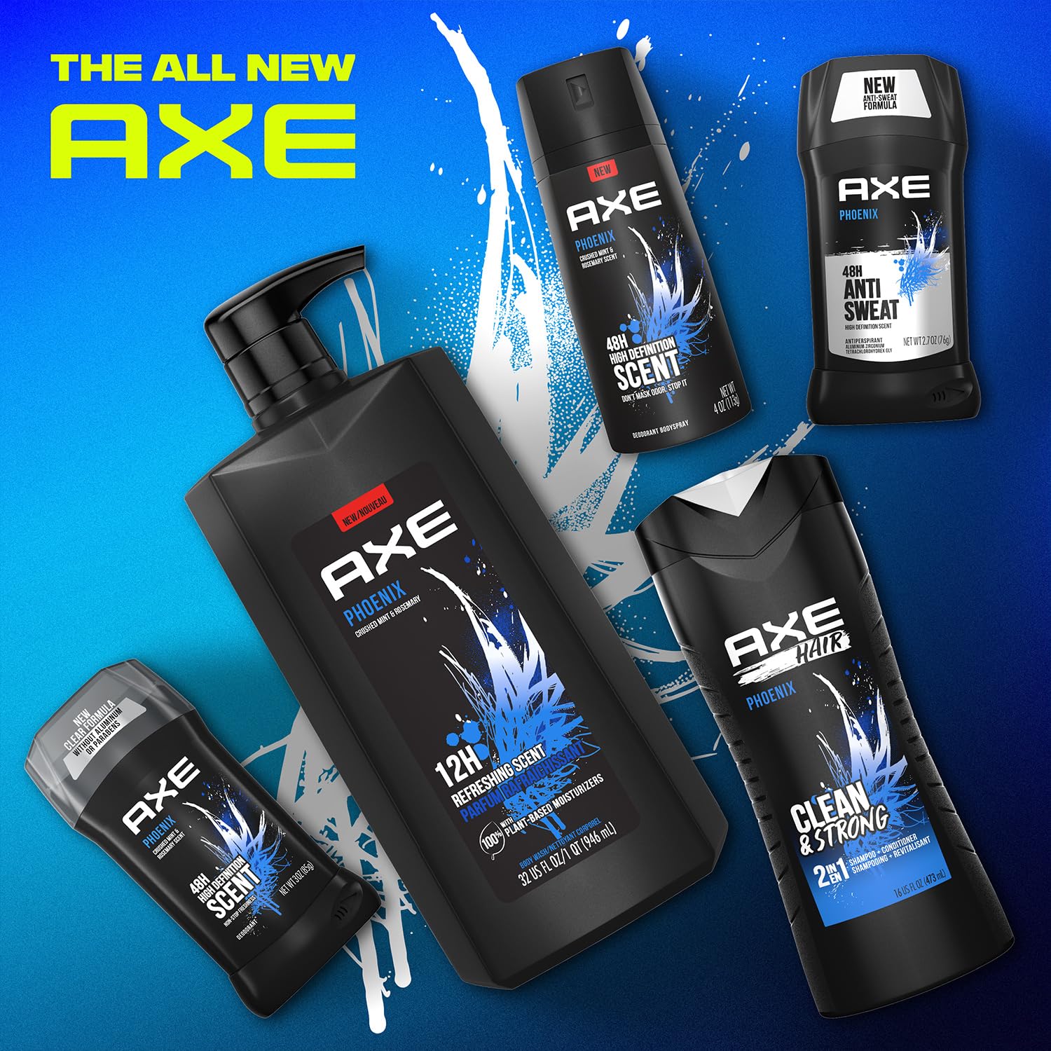 AXE men's body wash and shower gel, Phoenix scent, 3-pack with crushed mint and rosemary, 32 fl oz bottles, invigorating fragrance