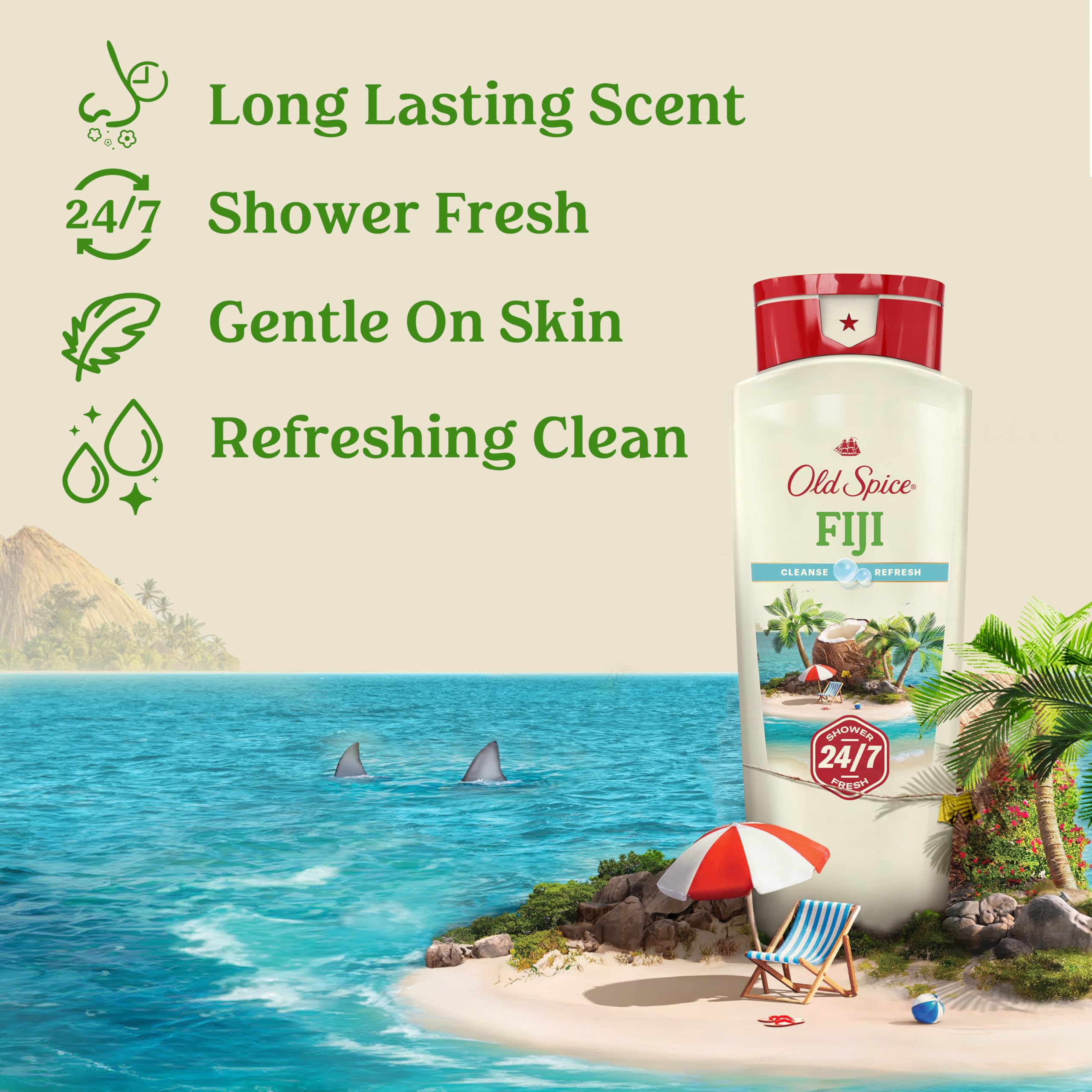 Old Spice 24/7 Shower Fresh body wash for men, 18 oz bottle, with palm tree and coconut scent, gentle skin cleanser, pack of four