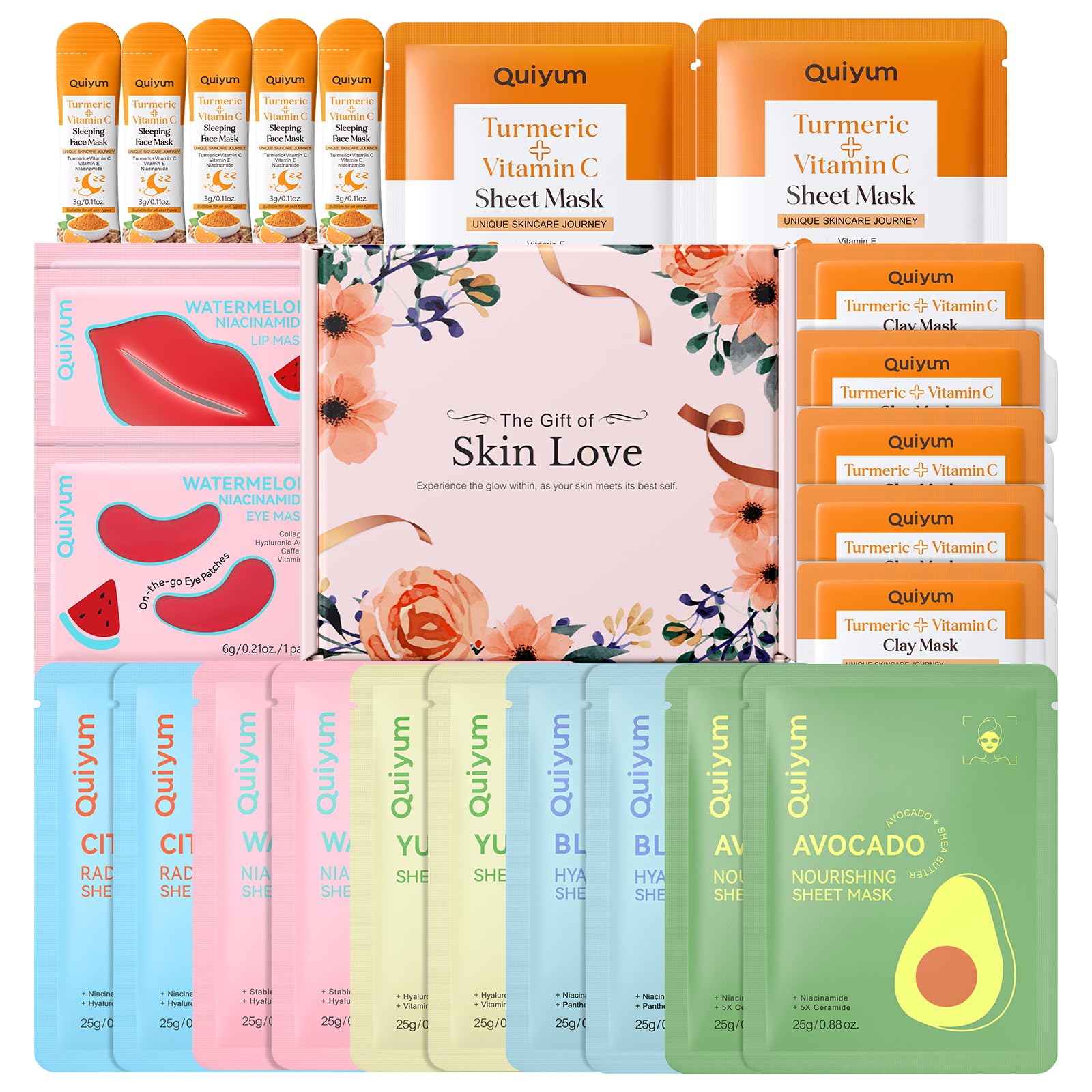 QUIYUM 26PCS Face Masks& Lip& Eye Masks Skin Care Set for Women - Product Imagery