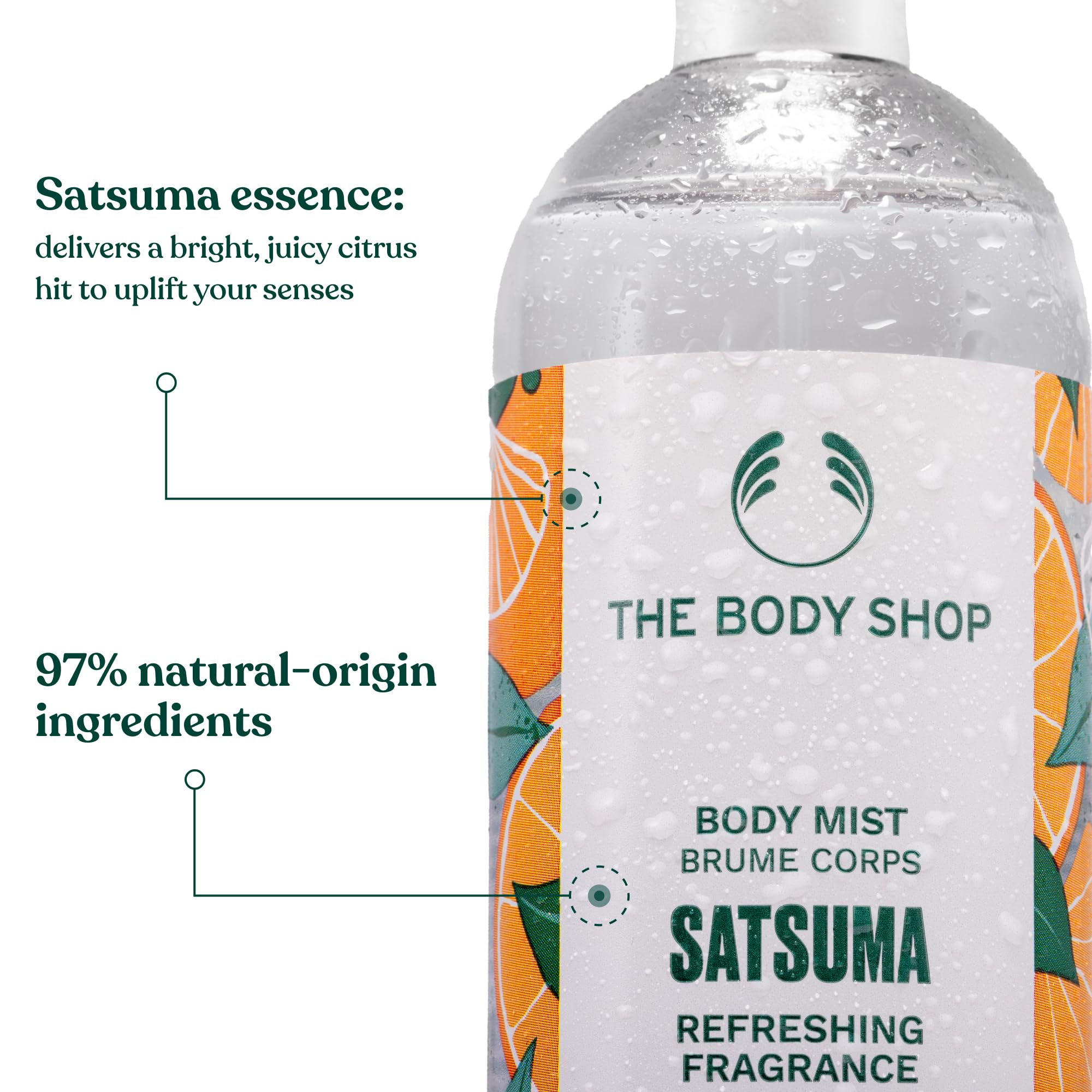 The Body Shop Satsuma Body Mist, vegan citrus spray in 3.3 oz bottle with vibrant orange design and fresh citrus scent.