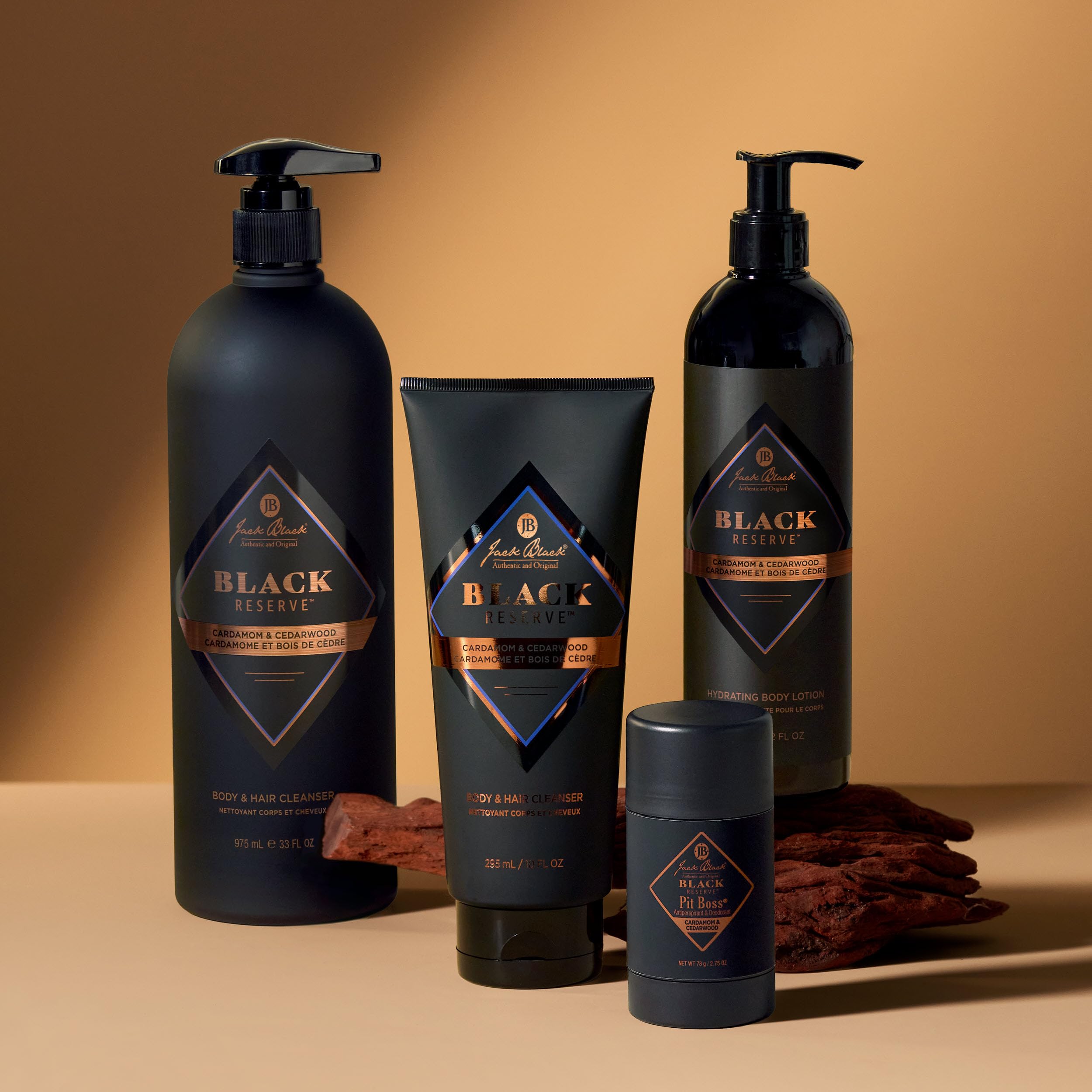 Jack Black Black Reserve hydrating body lotion with cardamom and cedarwood, 12 oz, shown in a sleek bottle.