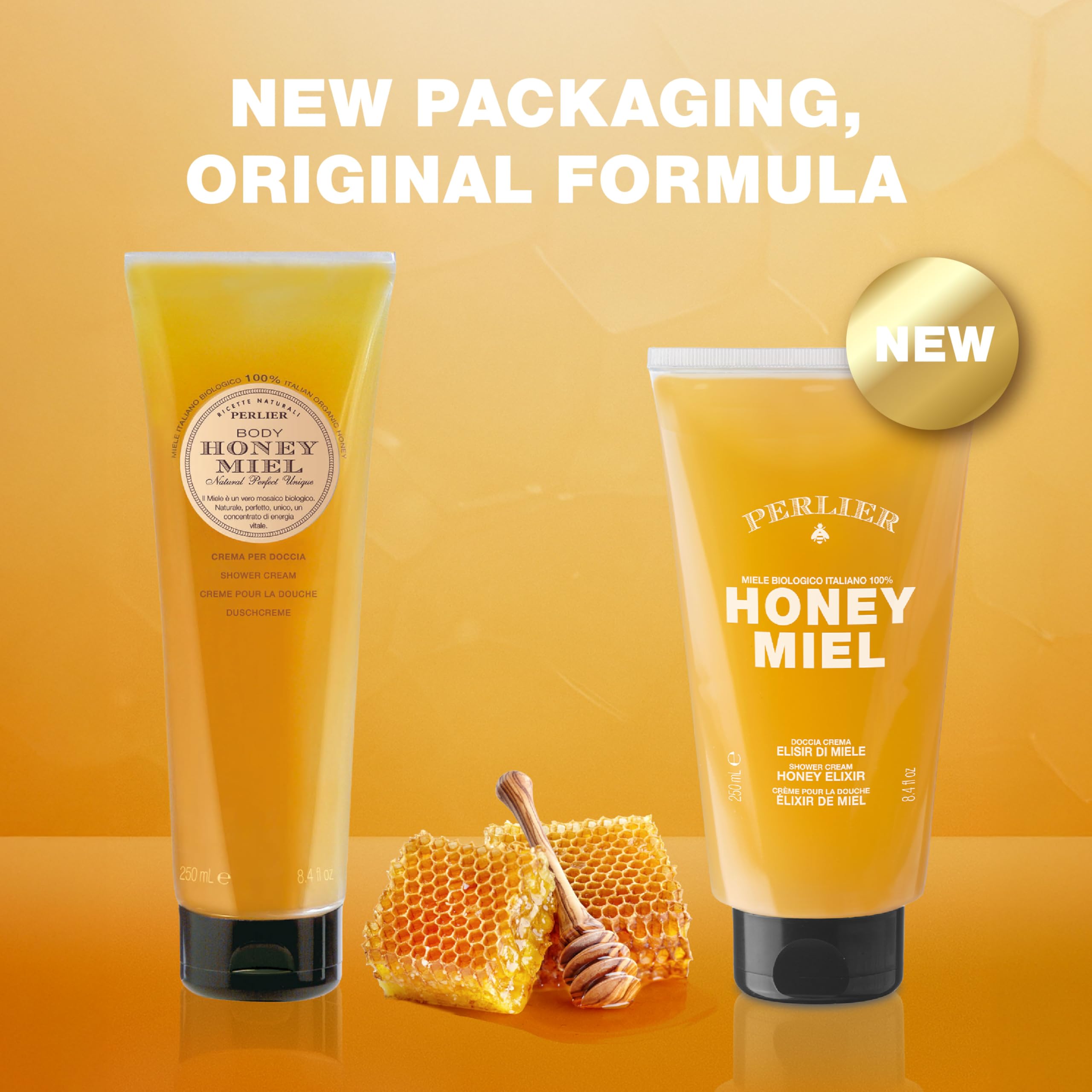 Perlier Sweet Honey Miel shower and bath cream with organic Italian honey for nourishing, soothing, deep hydration, 8.4 oz.