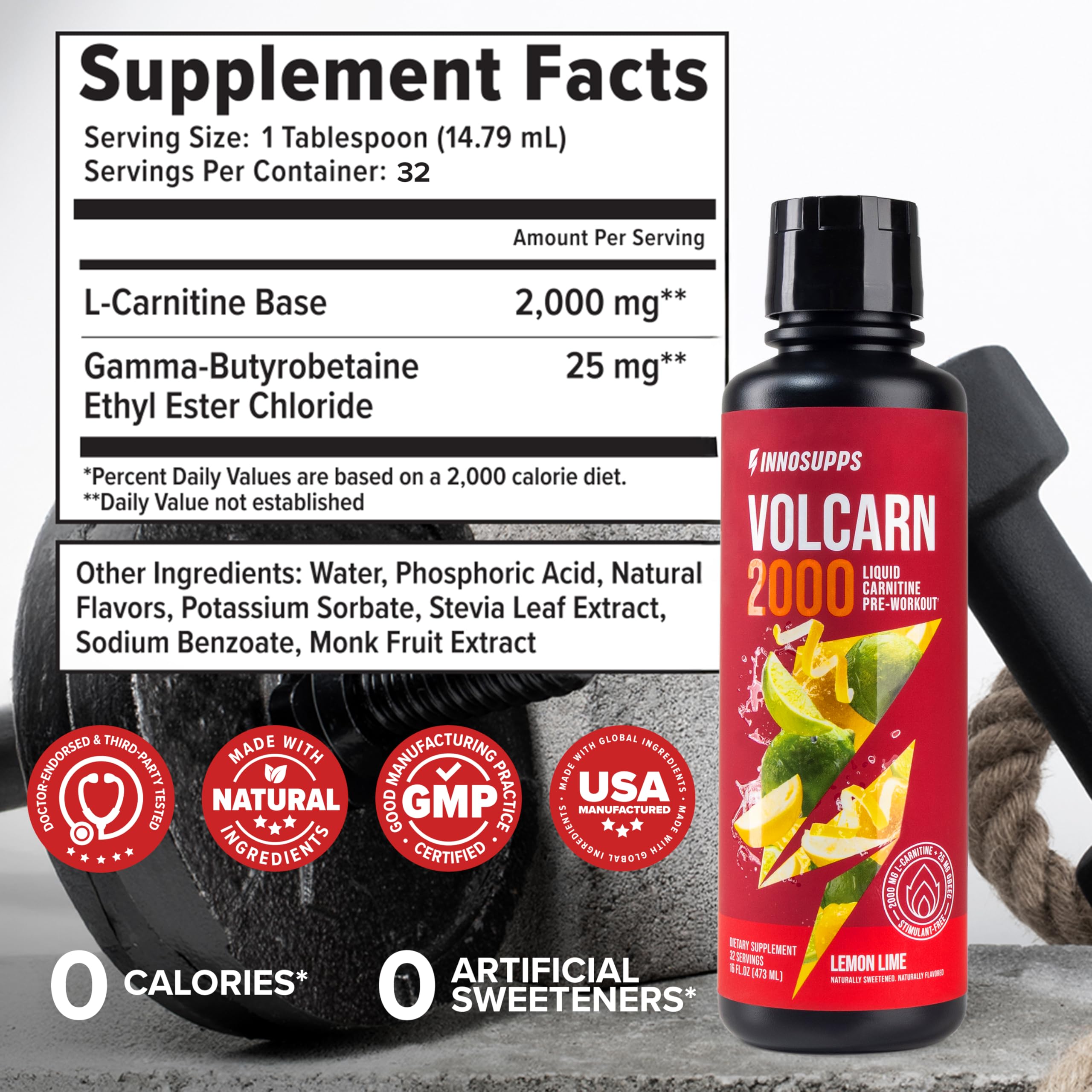 Volcarn 2000 L-Carnitine Liquid Energy, Lemon Lime, 32 Servings