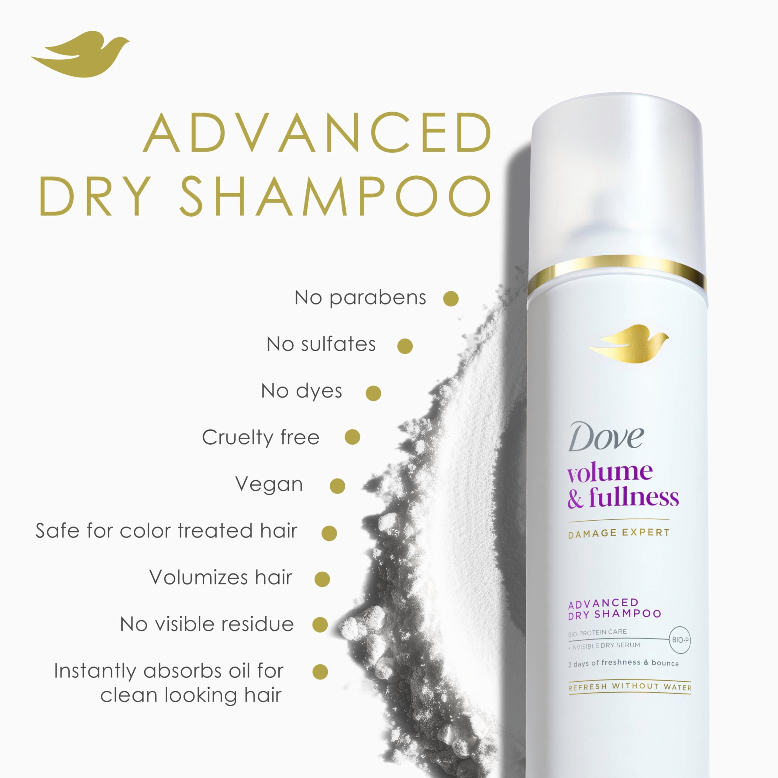 Dove Volume & Fullness Dry Shampoo for flat hair, 5oz bottles, two-pack, with volumizing formula visible in spray bottles