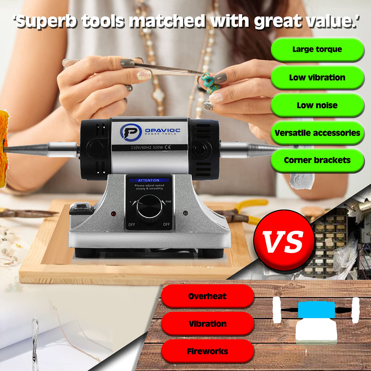 OPAVIOC Jewelry Polisher - Adjustable Variable Speed Bench Grinder Polishing & Buffing Machine, Dental Buffer & Lathe - 
