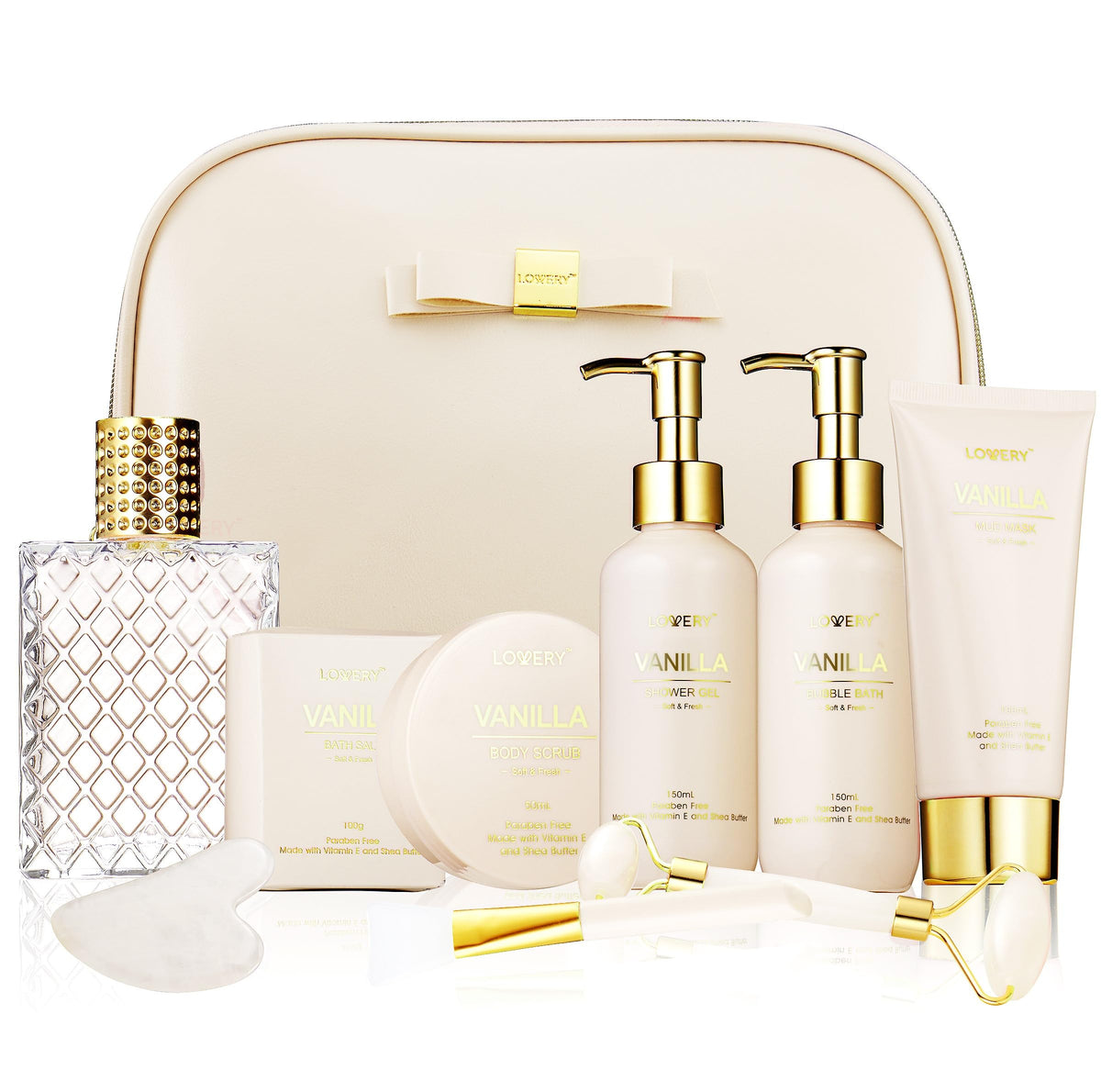 LOVERY Gifts for Women, Vanilla Spa Gift Basket for Women - Self Care Kit Bath Set with Shower Gel, Bubble Bath, Perfume