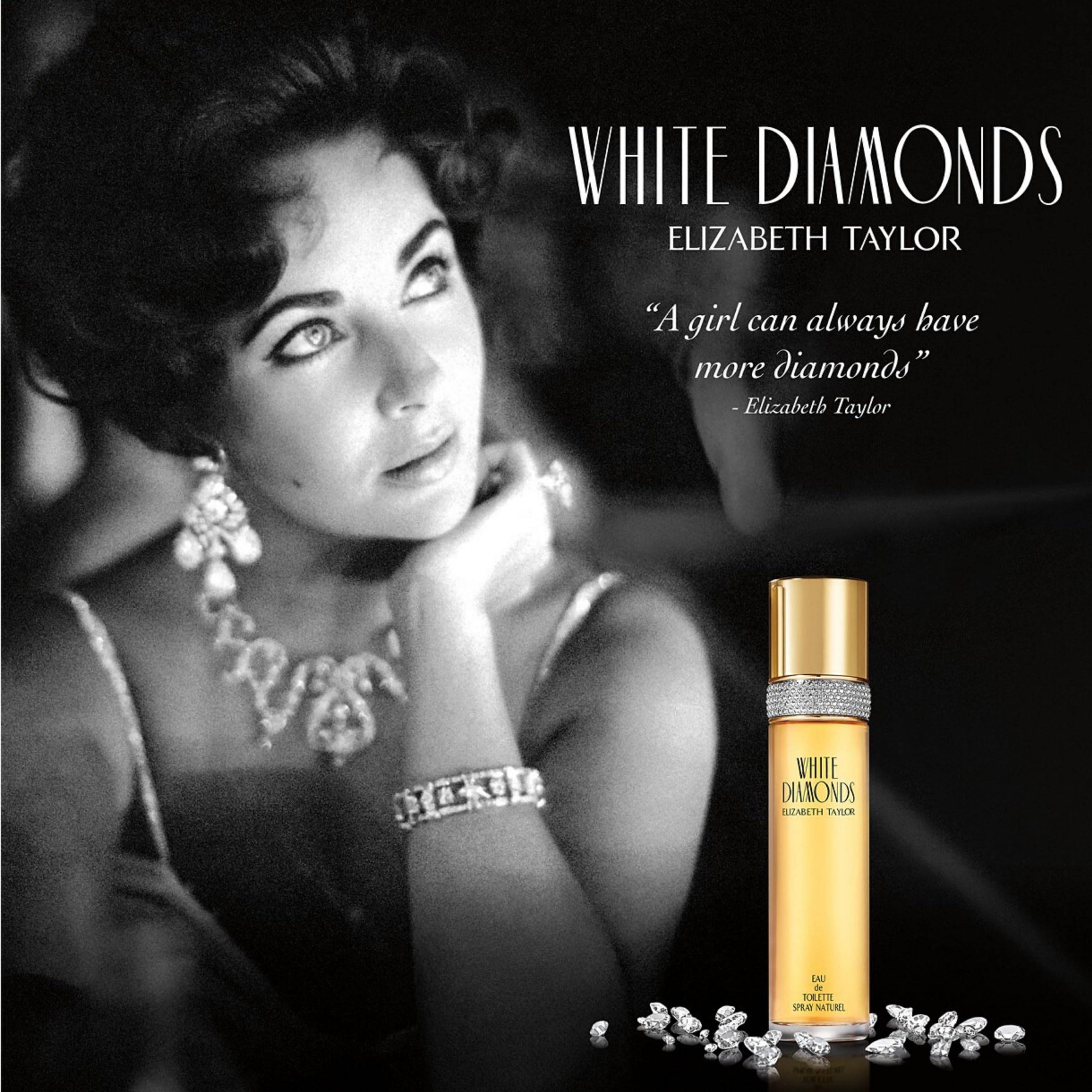 Elizabeth Taylor White Diamonds women's personal fragrance bottle, 3.3 fl oz, elegant glass perfume with a white floral design.