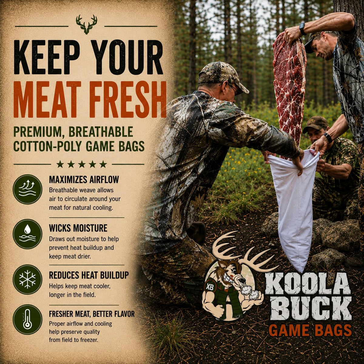 Koola Buck Premium Deer Game Bags | Heavy-Duty Full Body and Quarter Bags – packaging and label