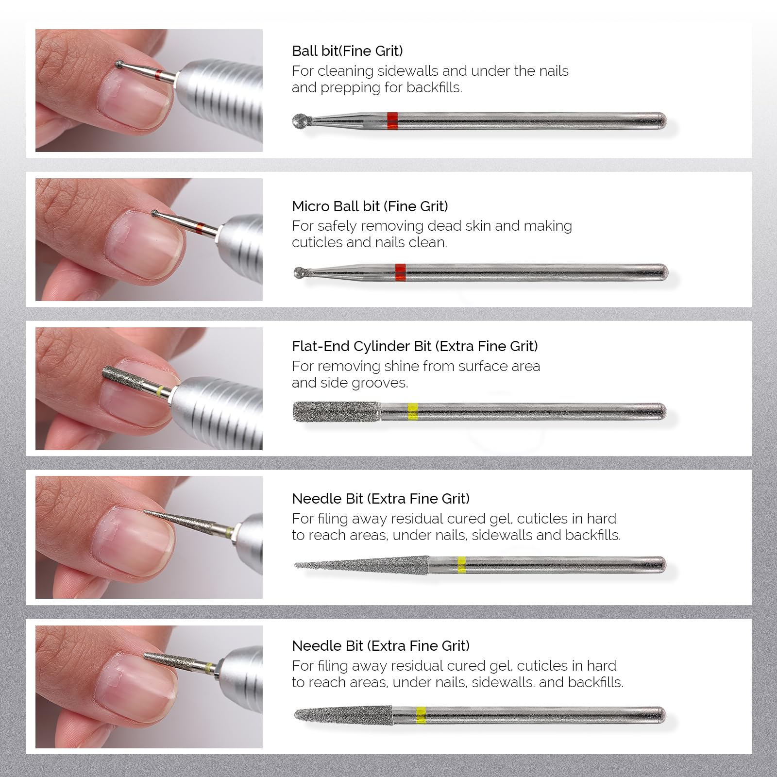 MelodySusie 10pcs Nail Drill Bits Diamond Cuticle Set Silver
