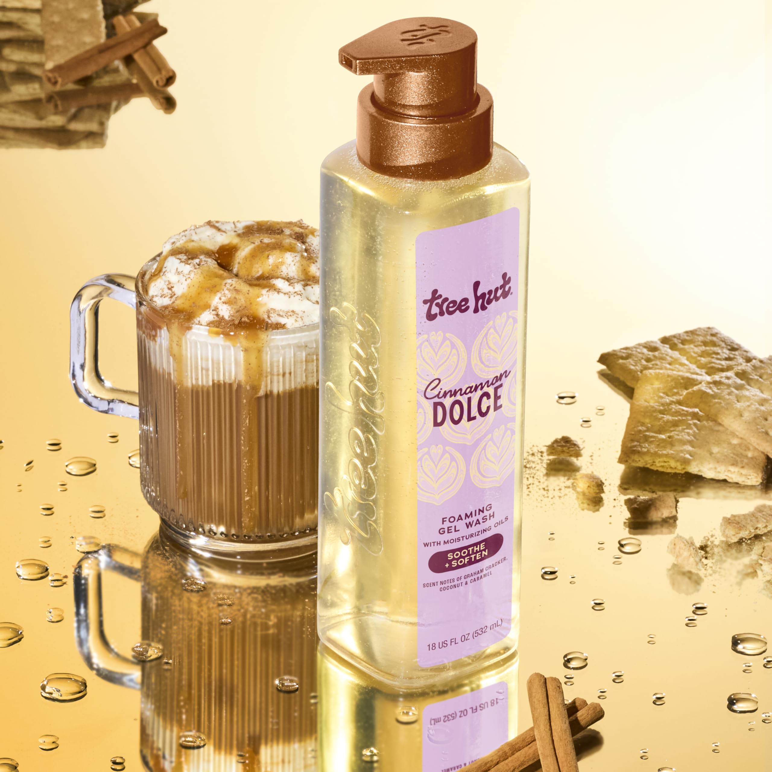 Tree Hut Cinnamon Dolce body wash with shea butter in an 18 fl oz pump bottle, skin cleansing agent with warm cinnamon scent.