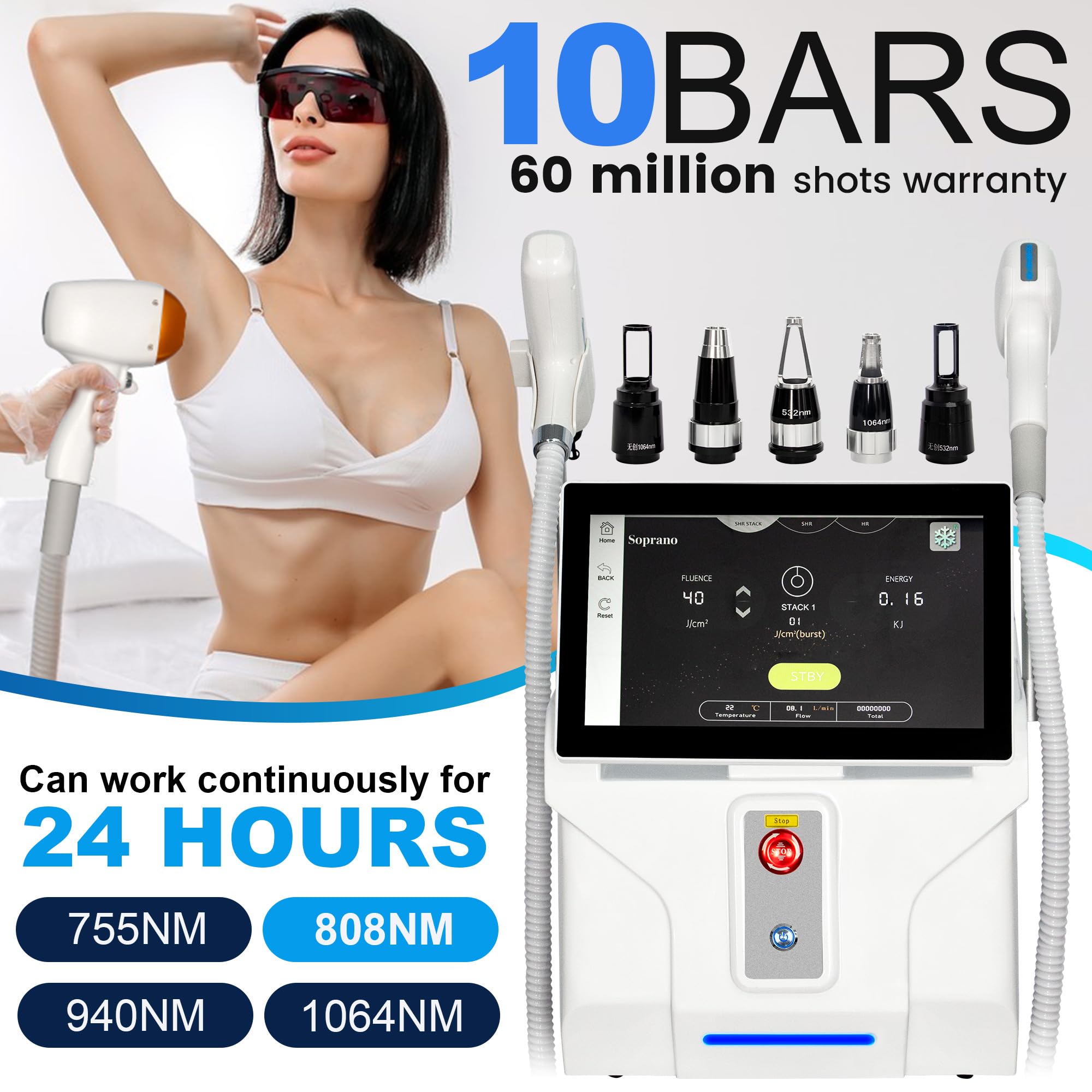 10 Bars 2 in 1 Multi 808nm Hair removal Machine with FAC Technology