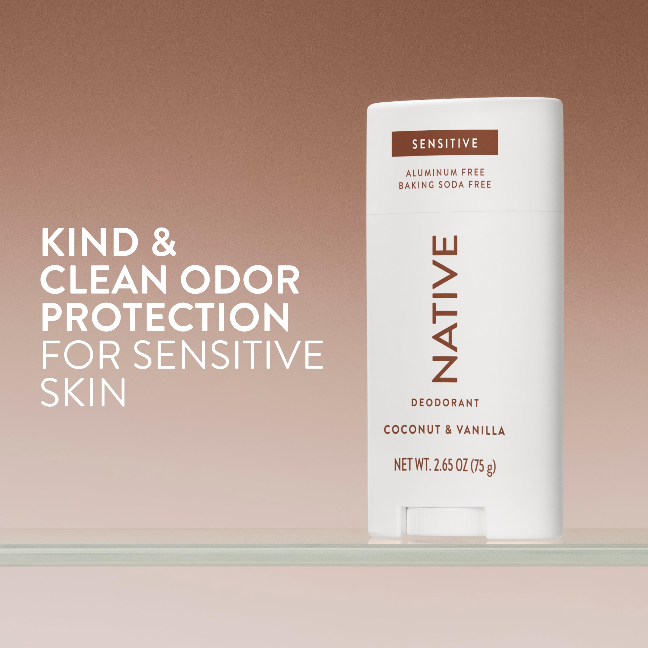 Native Sensitive deodorant in a natural stick form, featuring coconut, vanilla, shea butter, and baking soda for 72-hour odor control.