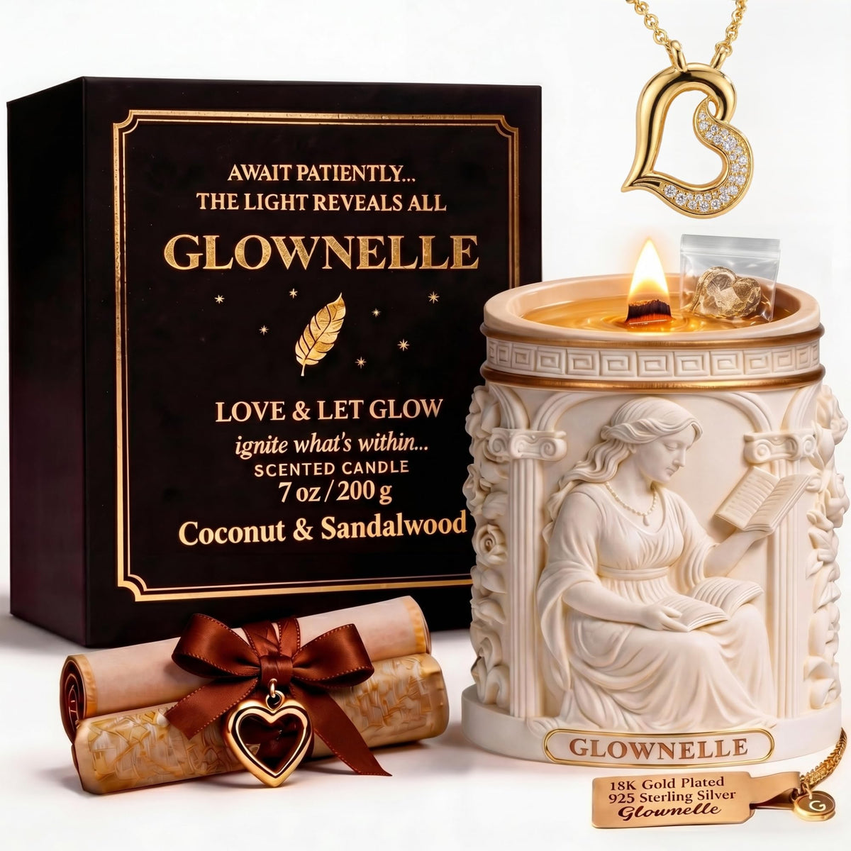 GLOWNELLE Jewelry Candle with Necklace Inside – Gifts for Women, Jewelry for Women, Necklace Gift Set, Coconut & Sandalw