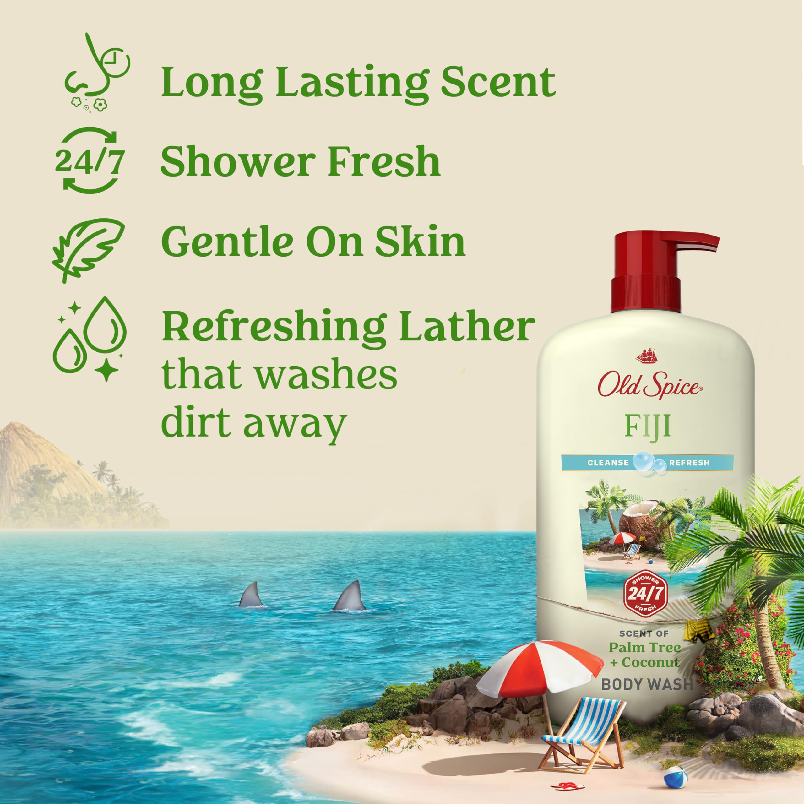 Old Spice 24/7 Shower Fresh body wash for men with coconut scent, vitamin B3, and palm tree imagery, 25 oz pack of 4 bottles.
