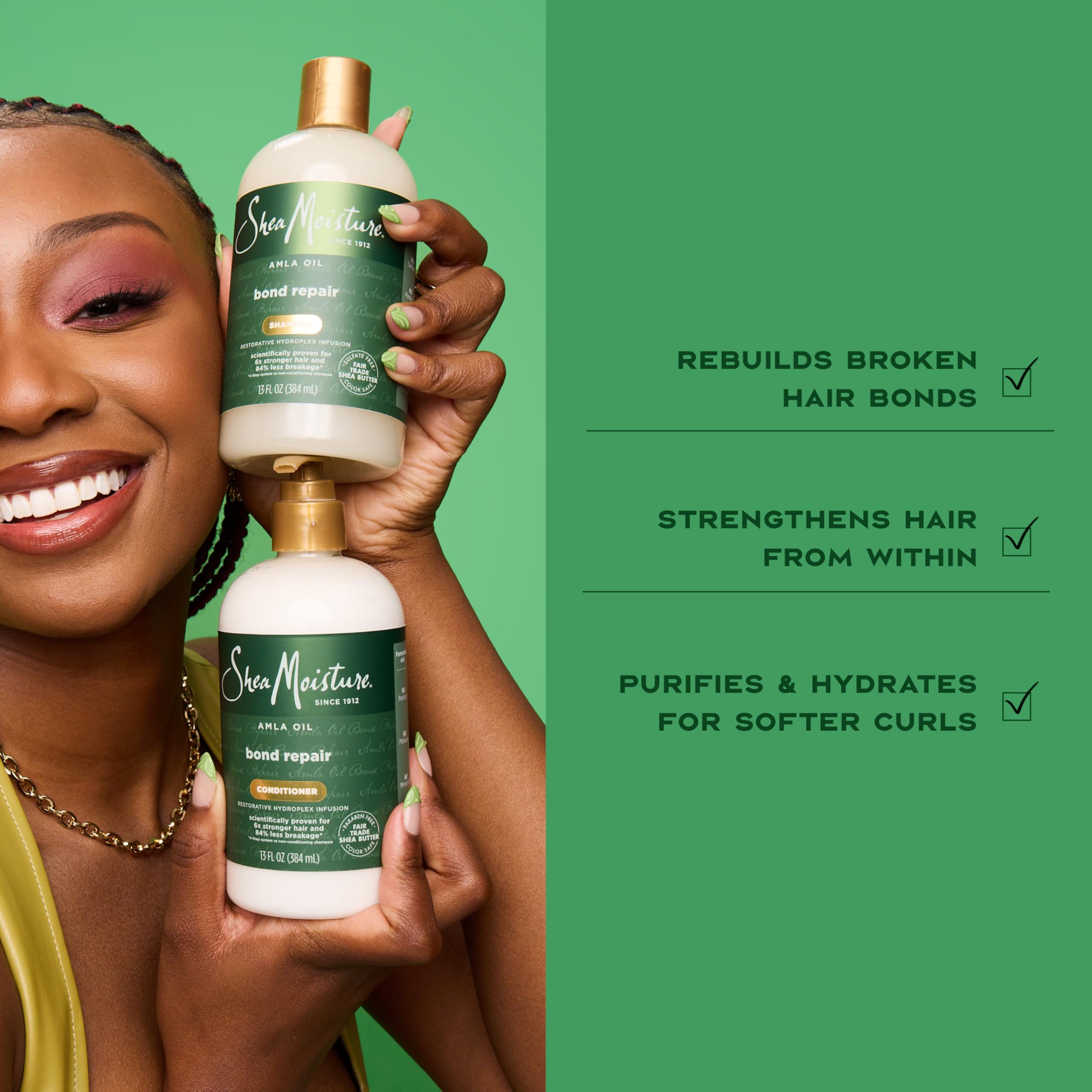 SheaMoisture Bond Repair Kit with Amla Oil, a 4-piece set of hair cleaner and conditioner for repairing damaged hair.