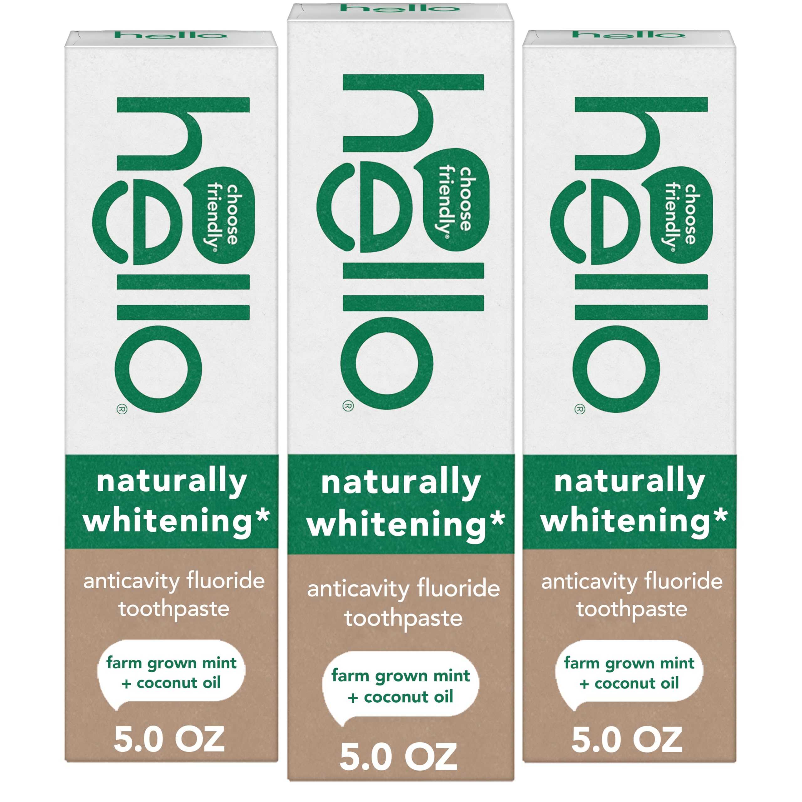 Hello Naturally Whitening Anticavity Fluoride Toothpaste, 5 Oz Tube, Natural Whitening Toothpaste with Coconut Oil, Whitens Naturally and Helps Remove Surface Stains, SLS Free, Vegan, Mint, 3 Pack
