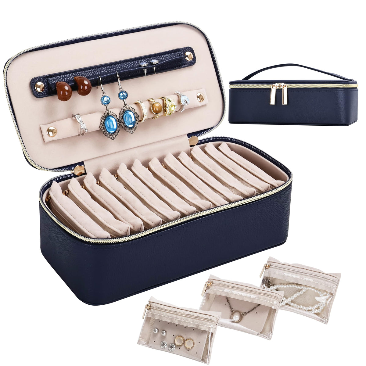 Cuifdem Large Jewelry Travel Box with 12 Velvet Jewelry Pouches, Portable Travel Jewelry Case for Women, PU Leather Jewe