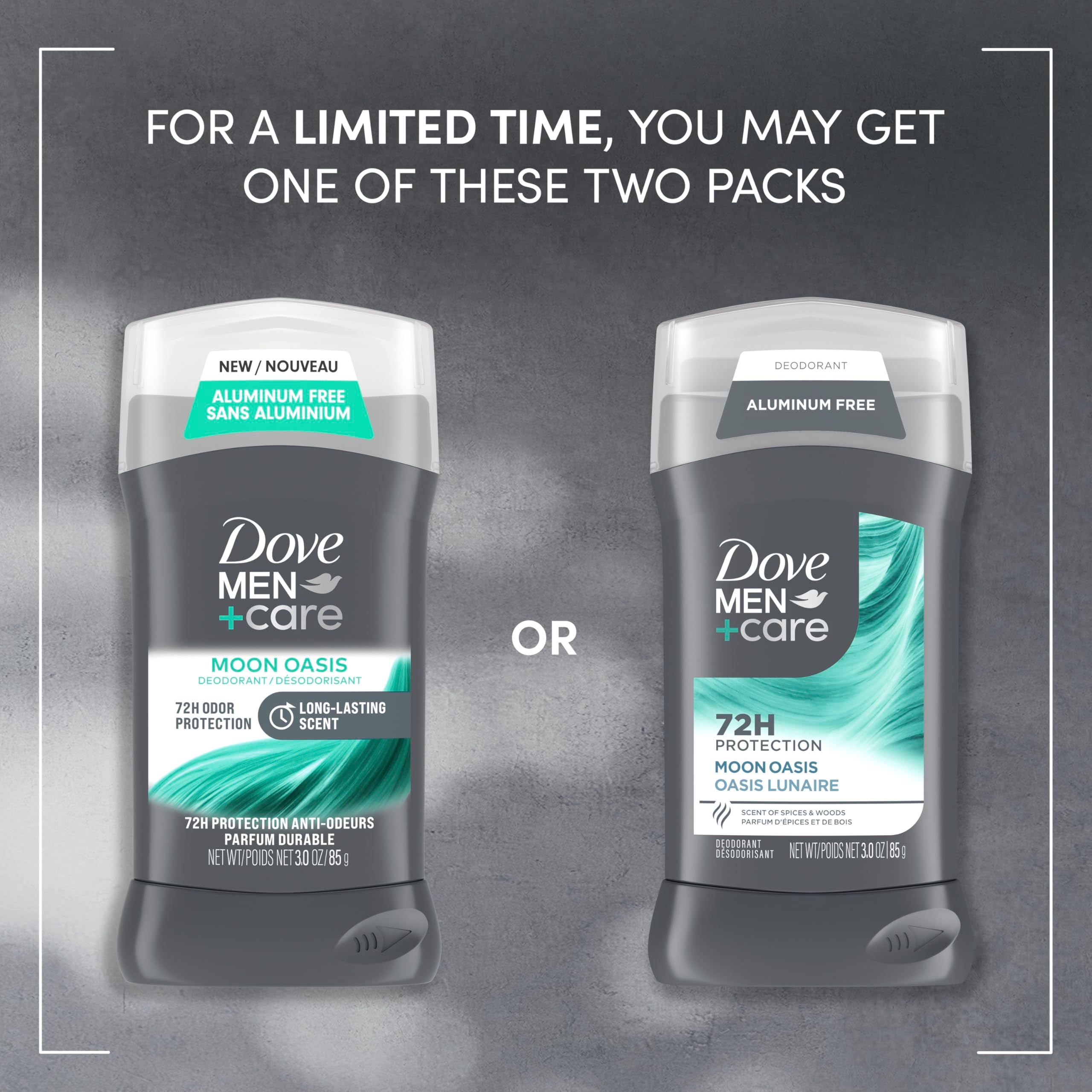 Dove Men+Care Moon Oasis aluminum-free body deodorant 4-pack featuring sleek sticks with clean, masculine design.