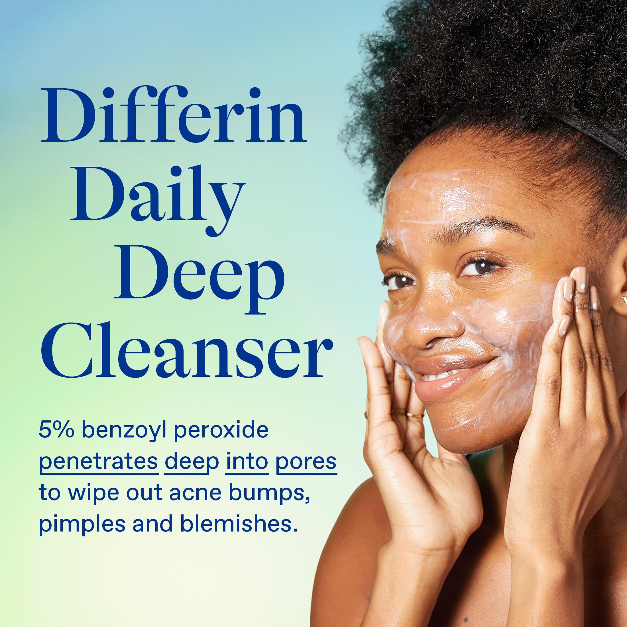 Differin Acne Face Wash with 5% Benzoyl Peroxide, 4oz skin cleaning agent for acne-prone skin, in a clear pump bottle