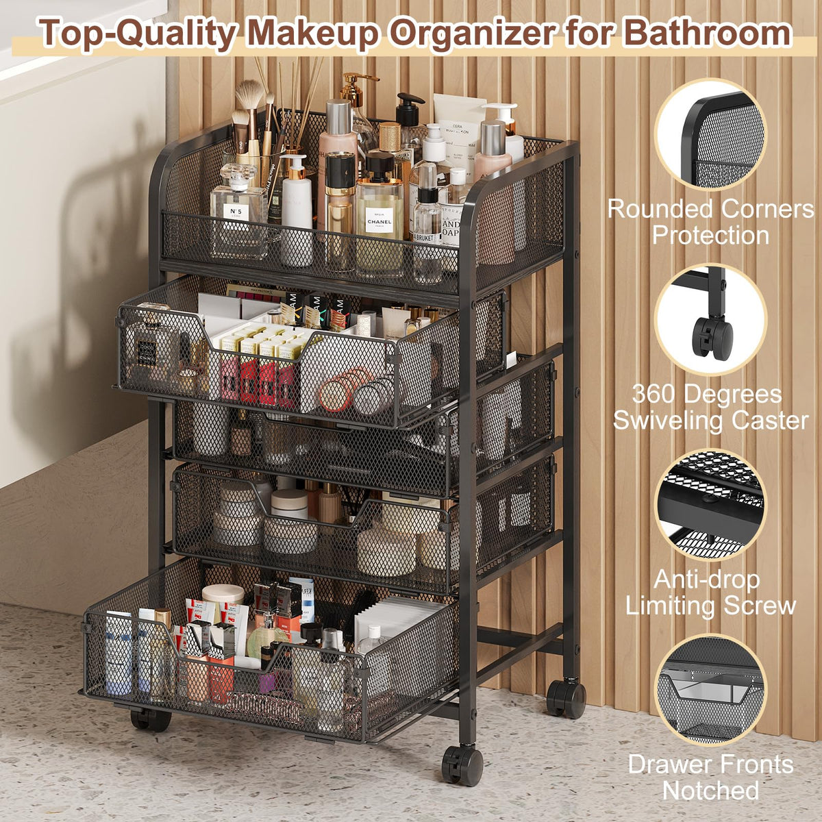 Makeup Cart Organizer with 4 Drawers Vanity Storage - Hongtamoya Official Imagery - 6