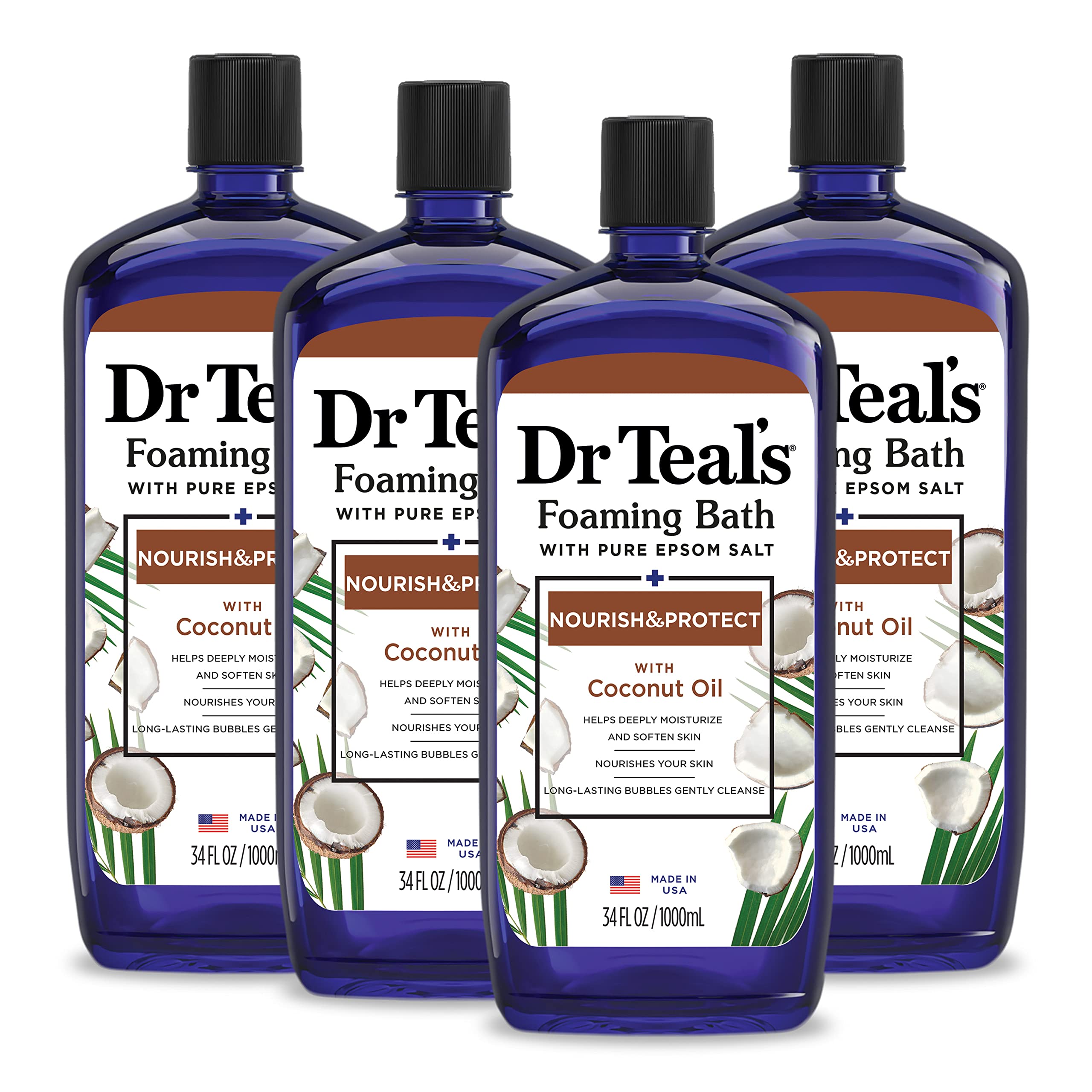 Dr Teal's foaming bath with Epsom salt, coconut oil, and nourishing ingredients in a 34 fl oz bottle, shown in a pack of four.
