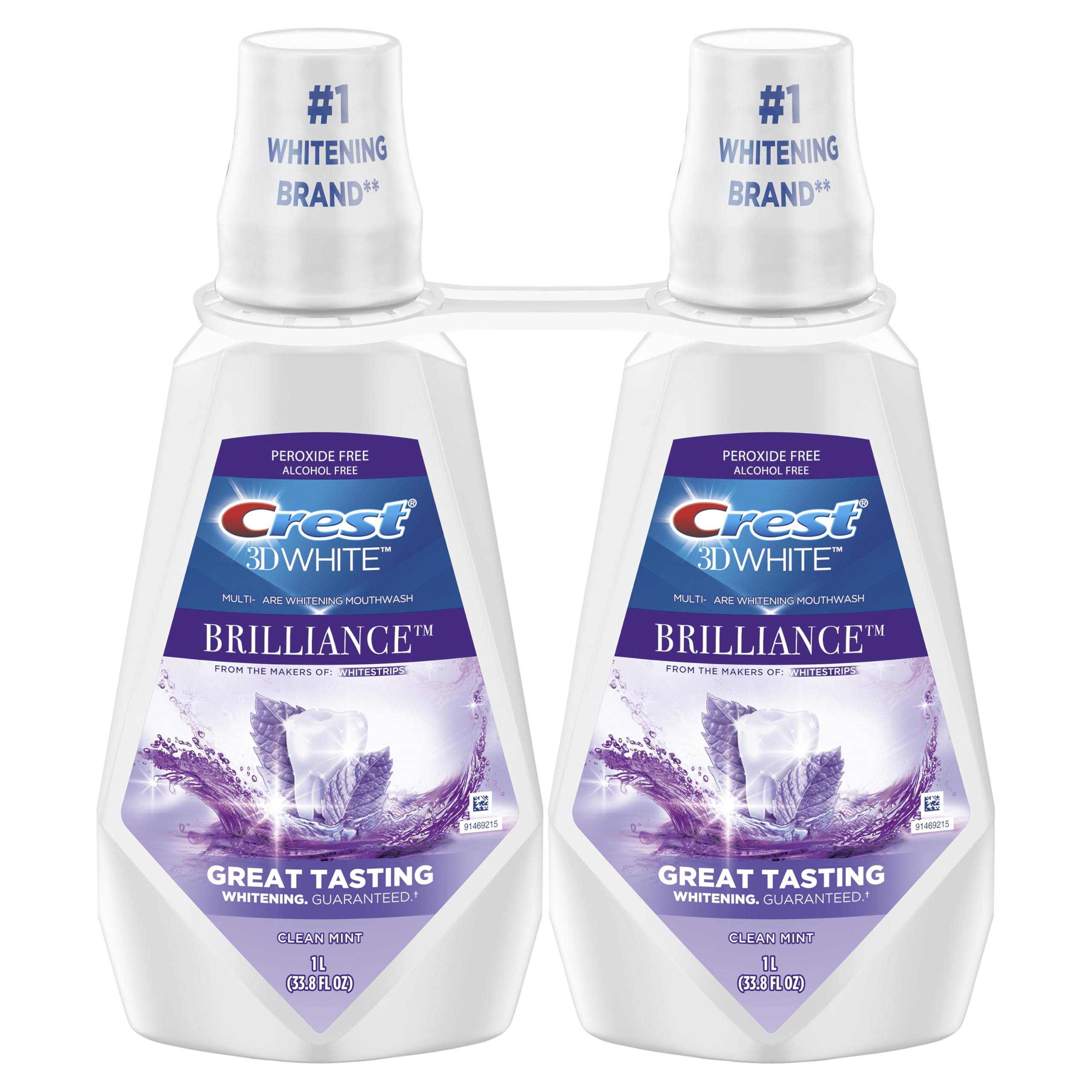 Crest Mouthwash/Mouth Rinse, 3D White Brilliance Whitening, Alcohol Free, Clean Mint, 2x1L (33.8 fl oz)