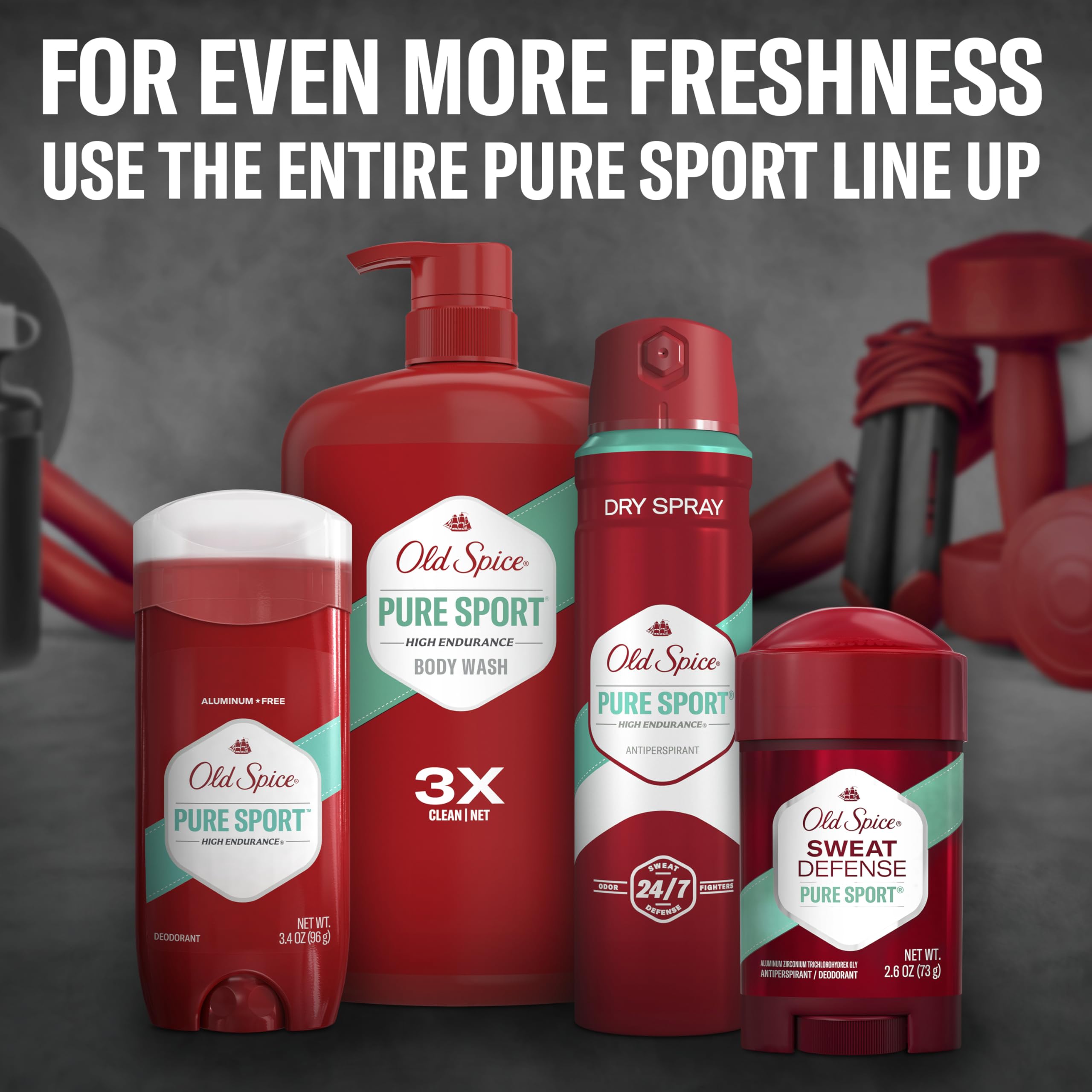 Old Spice High Endurance Body Wash Pure Sport in 33.4oz bottles, shown in a pack of four with rugged packaging and sporty design.