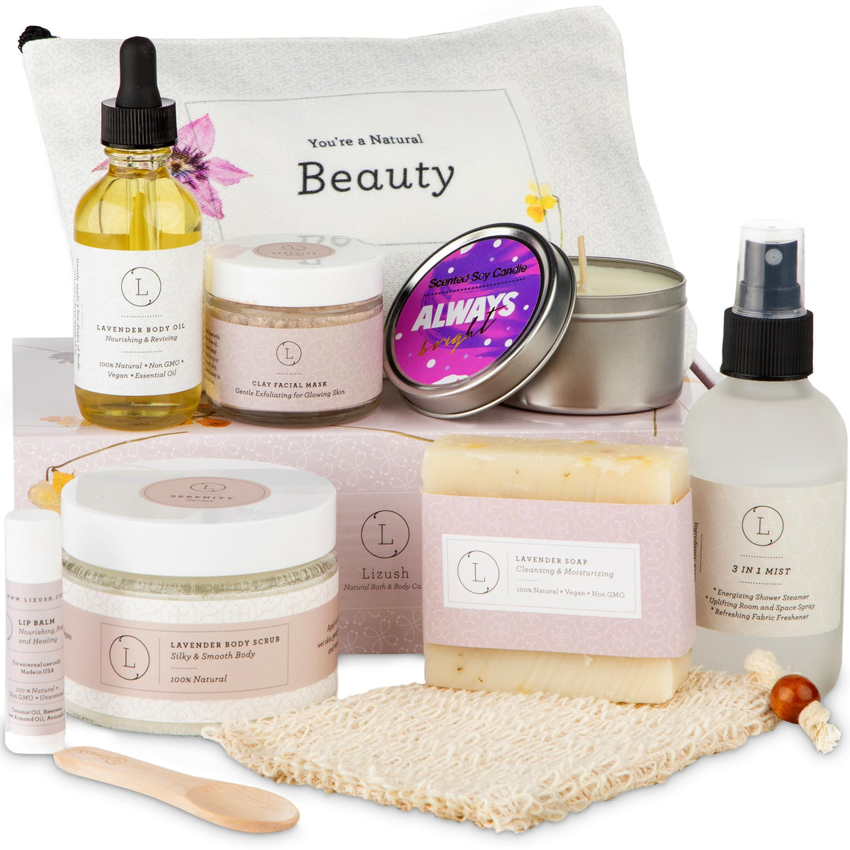 Lizush Luxury Spa Gifts for Women - 9 Piece Lavender Gifts for Her, Gift Baskets, Body Care Set for Mom, Birthday Box Fo