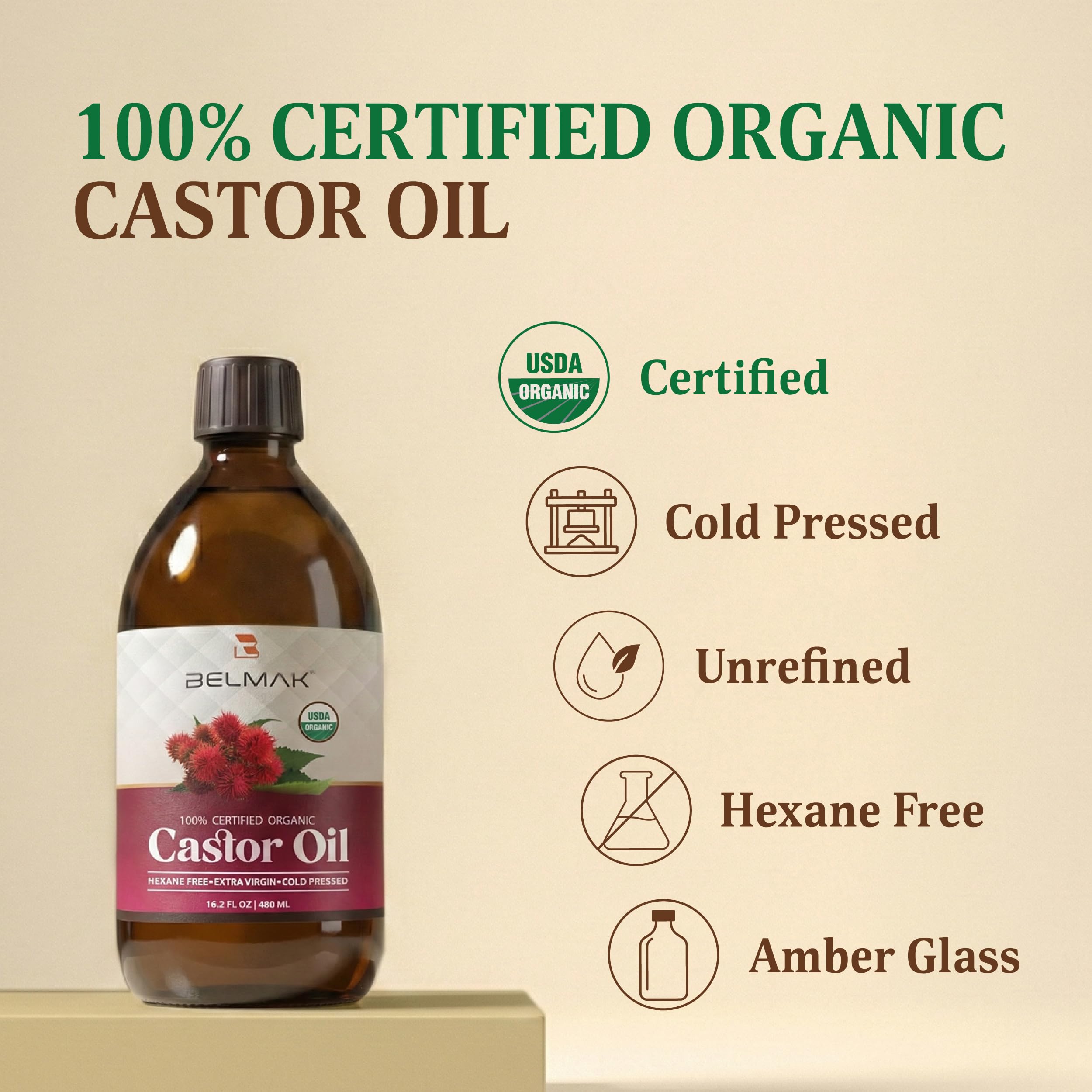 BELMAK Organic Castor Oil Cold Pressed Unrefined USDA Certified Hexane Free