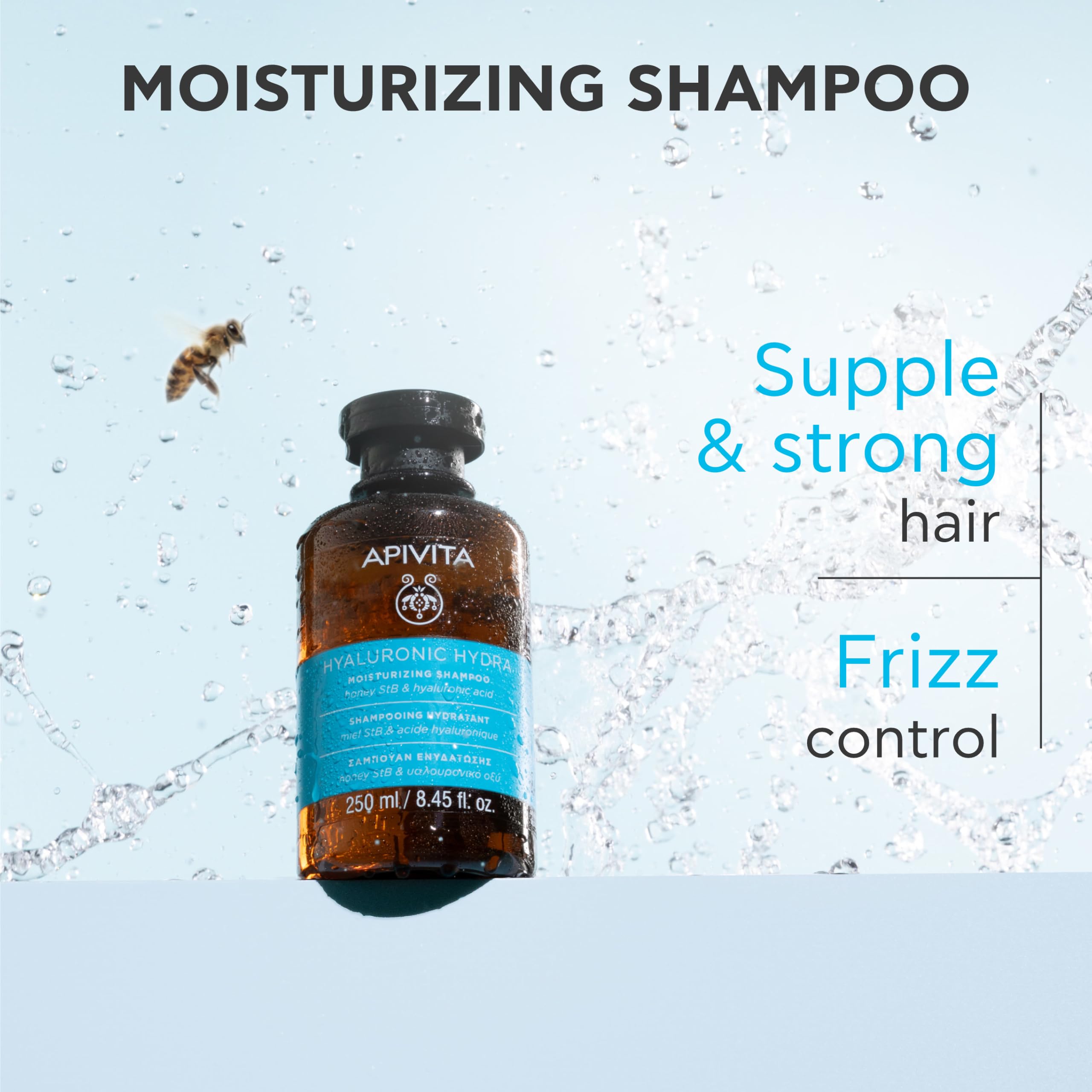 Apivita Hyaluronic Hydra Shampoo with honey and hyaluronic acid, showing the shampoo bottle with honey and botanical ingredients.
