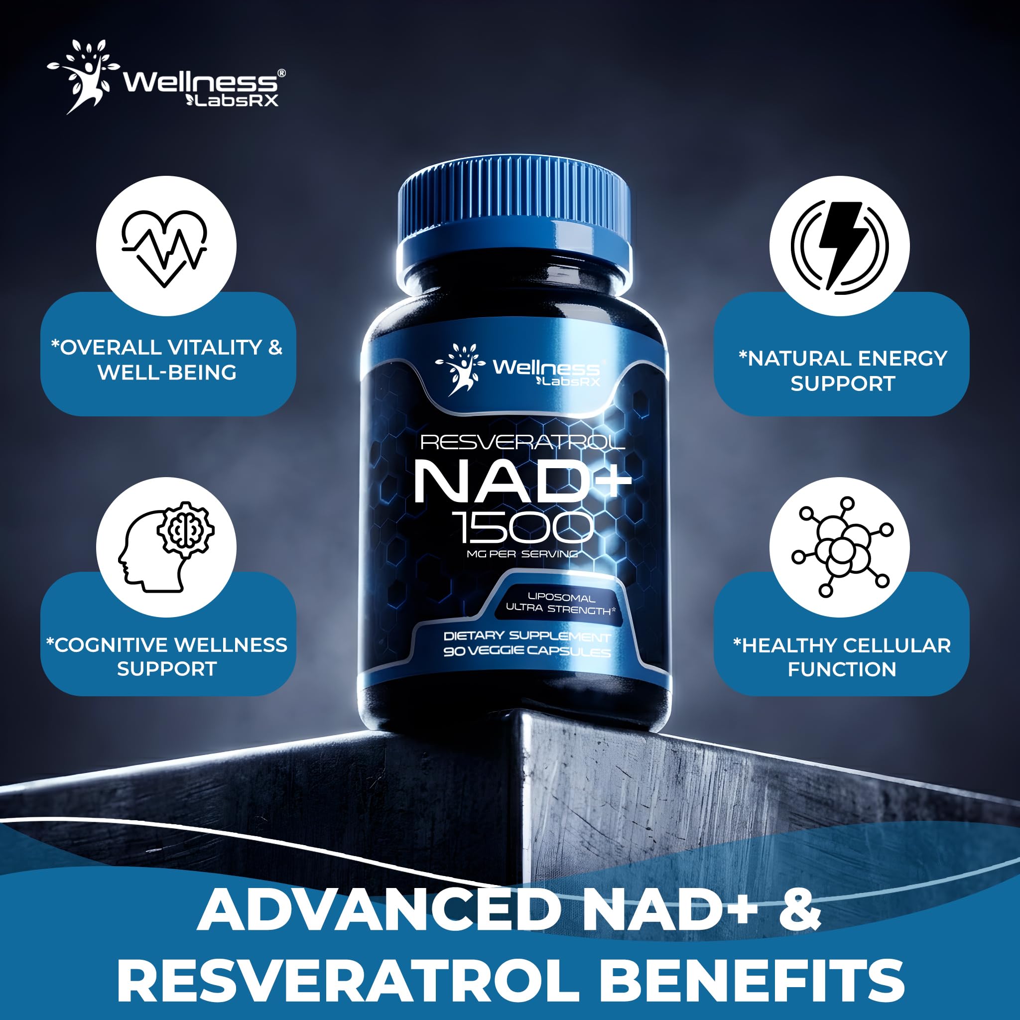 Wellness LABSRX Liposomal NAD Supplement, 1500mg - NAD Resveratrol Supplement for Women and Men, NAD+ Support Cellular Health, Energy & Anti Aging - 90 Count