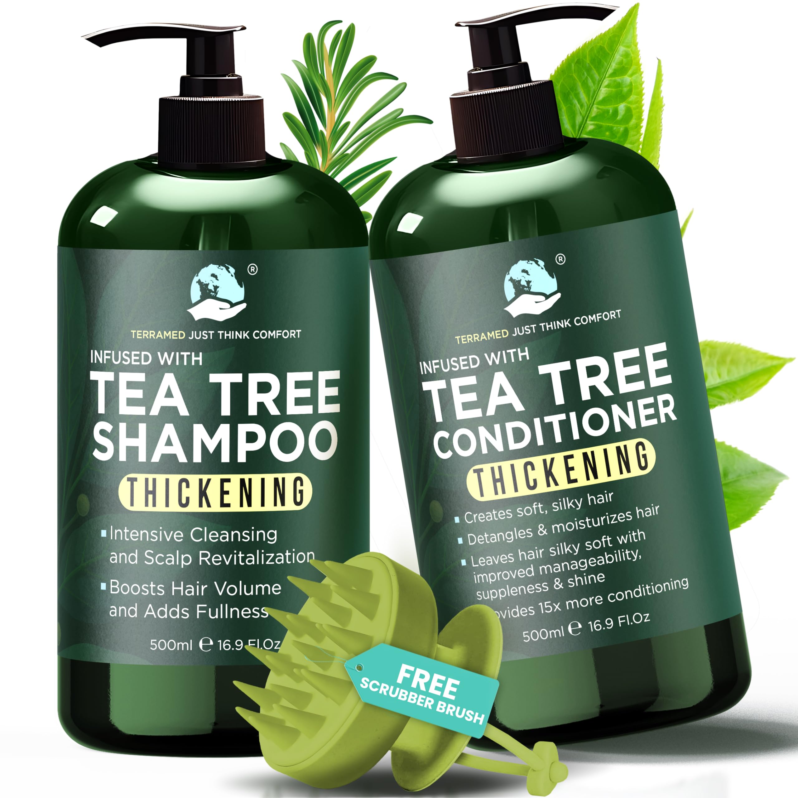 Terramed Just Think Comfort tea tree shampoo and conditioner set for clarifying hair growth and reducing hair loss.