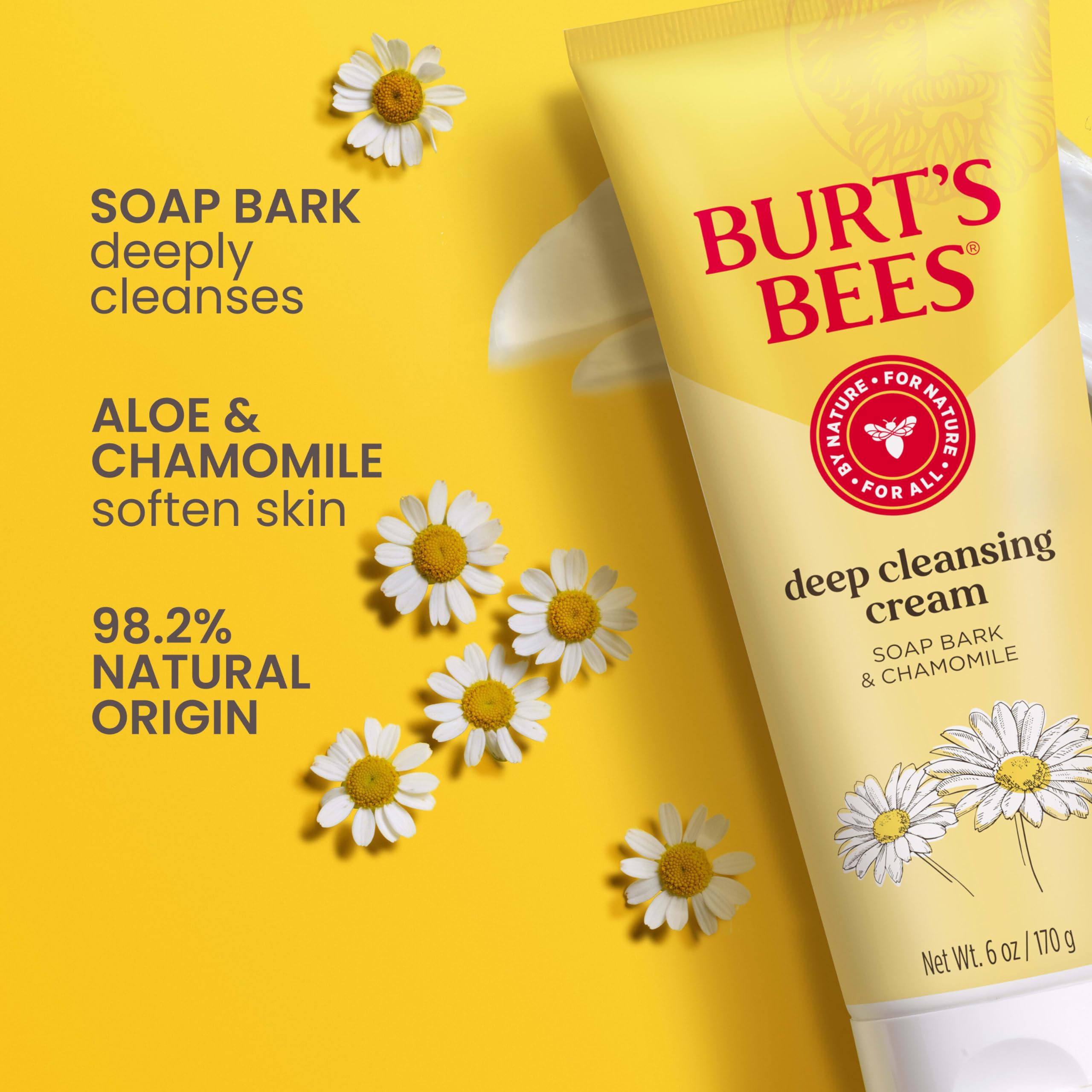 Burt's Bees Deep Facial Cleansing Cream with chamomile in a 6-ounce tube, natural face wash for clean, refreshed skin.