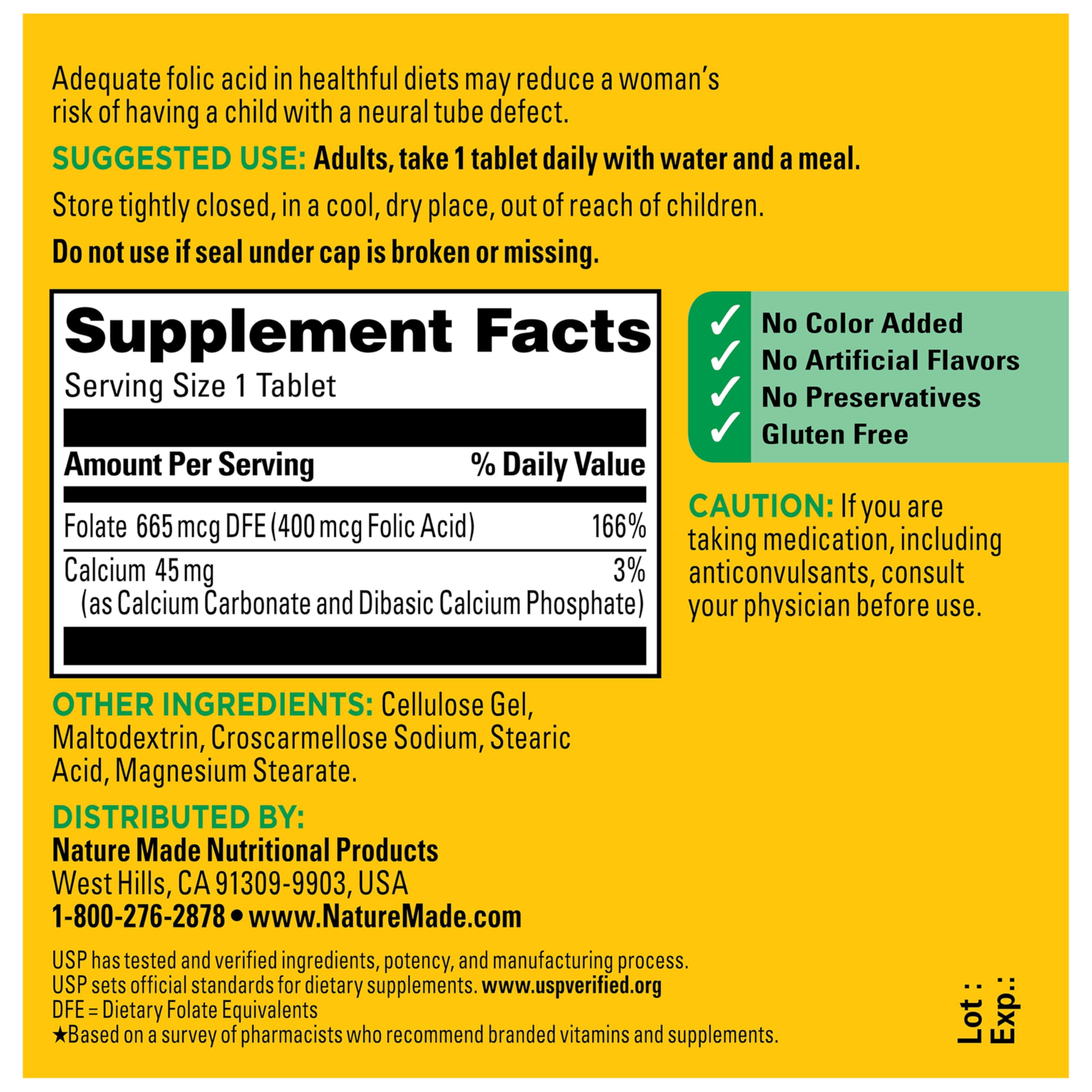 Nature Made Folic Acid 400 mcg (665 mcg DFE), 250 Tablets