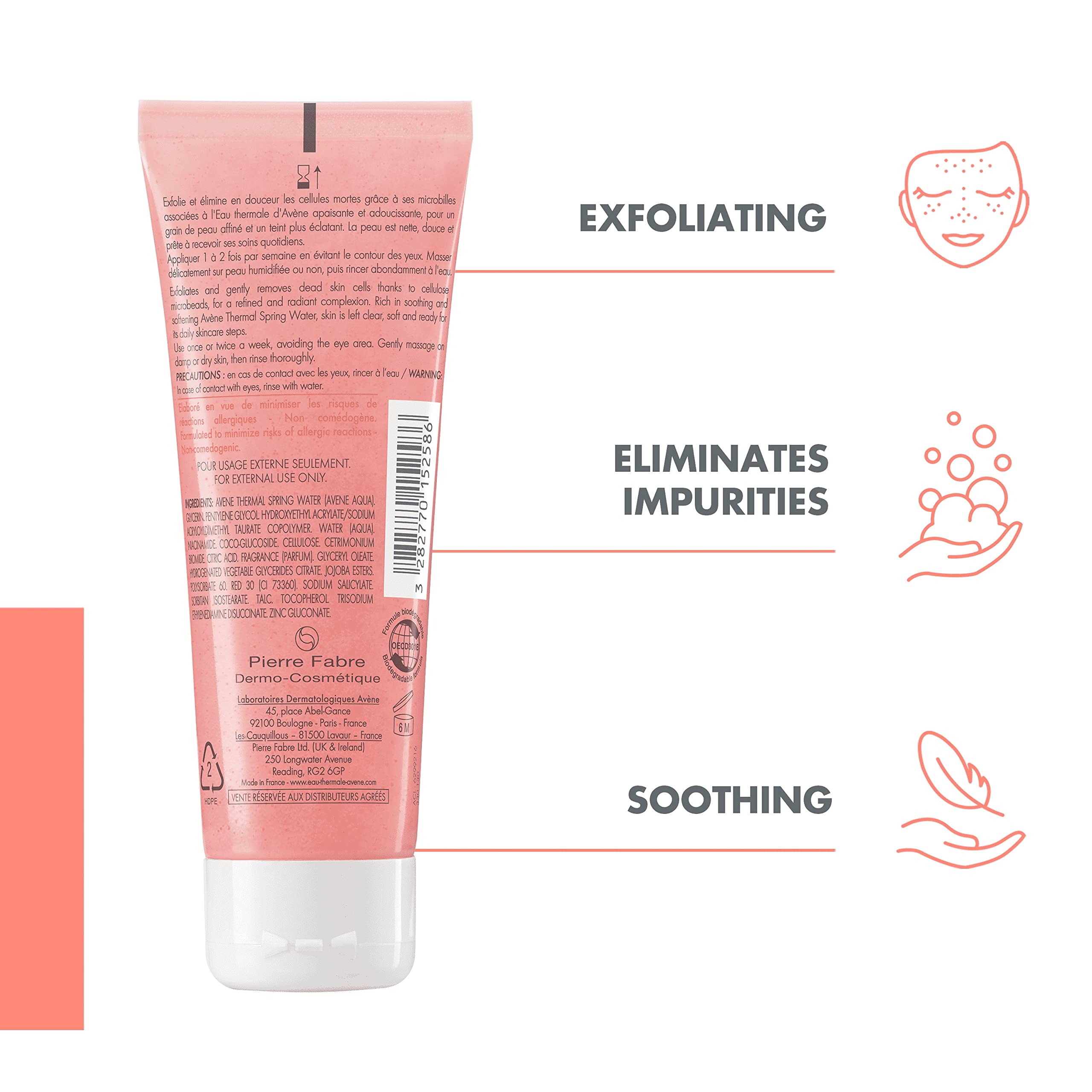 Avène Gentle Exfoliating Gel Face Scrub in 2.5 oz tube, smooth texture, suitable for sensitive skin, natural exfoliation with Avène.