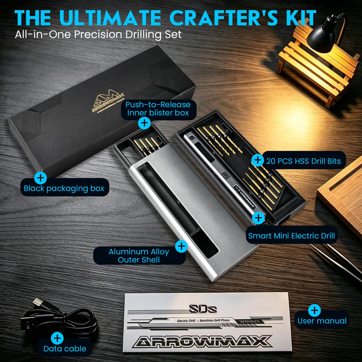 ARROWMAX 5-Speed Mini Electric Drill Pen with 20pcs Drill Bits & OLED – back view and specifications