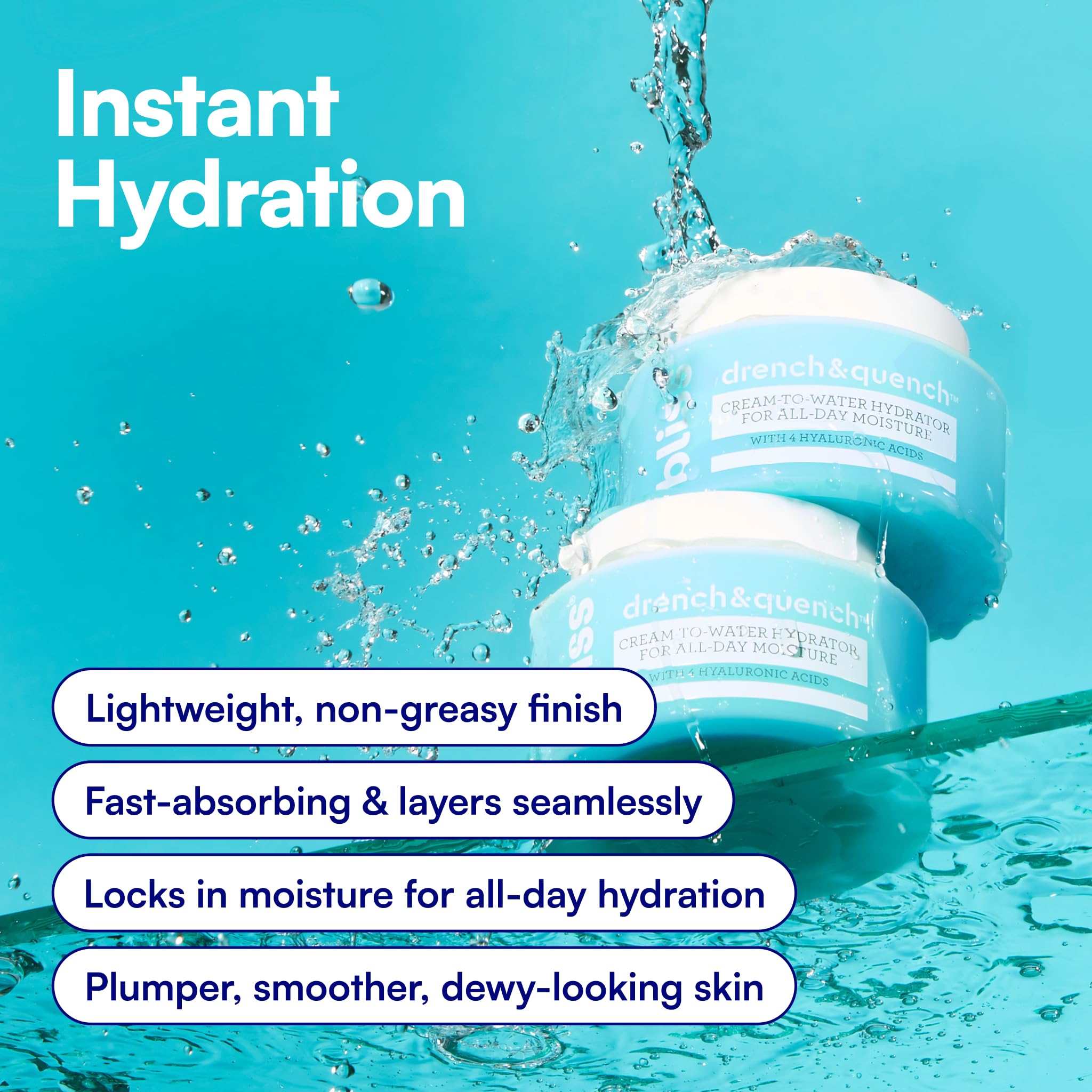 Bliss Drench & Quench hyaluronic acid face moisturizer in 1 fl oz, showcasing the skincare product in a clear container with a white lid.