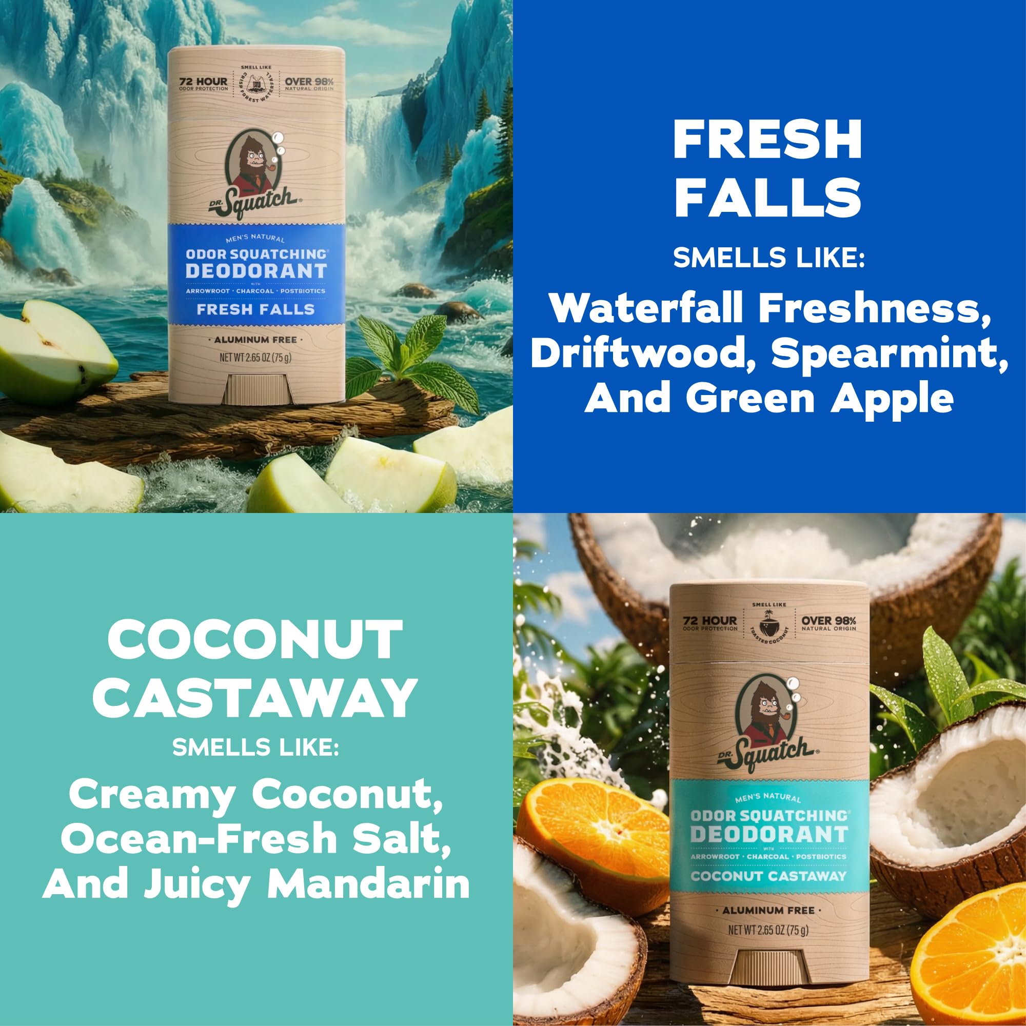 Dr. Squatch natural body deodorant 2-pack featuring Coconut Castaway and Fresh Falls scents, shown in their packaging.