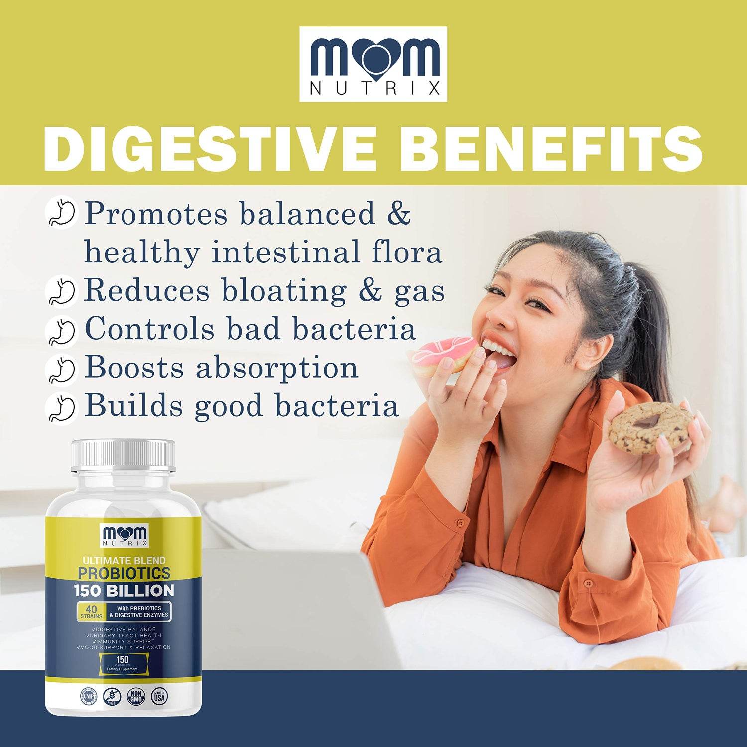 DewCura Probiotics 150 Billion CFU nutritional supplement with 40 strains for women and men, shown in capsule form.