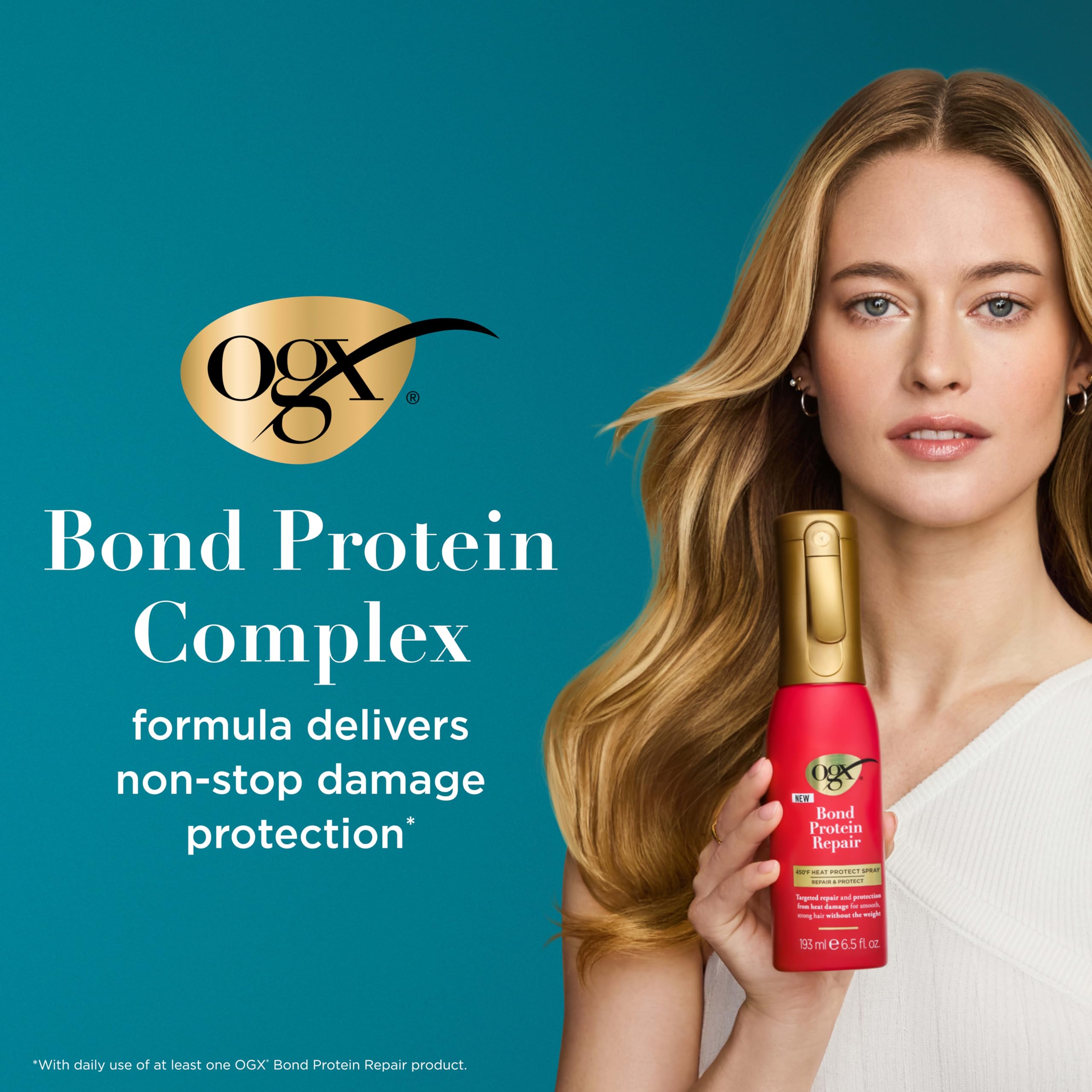 OGX Bond Protein Heat Protect Spray for hair, 6.5 fl oz, showing the bottle with spray nozzle and label.