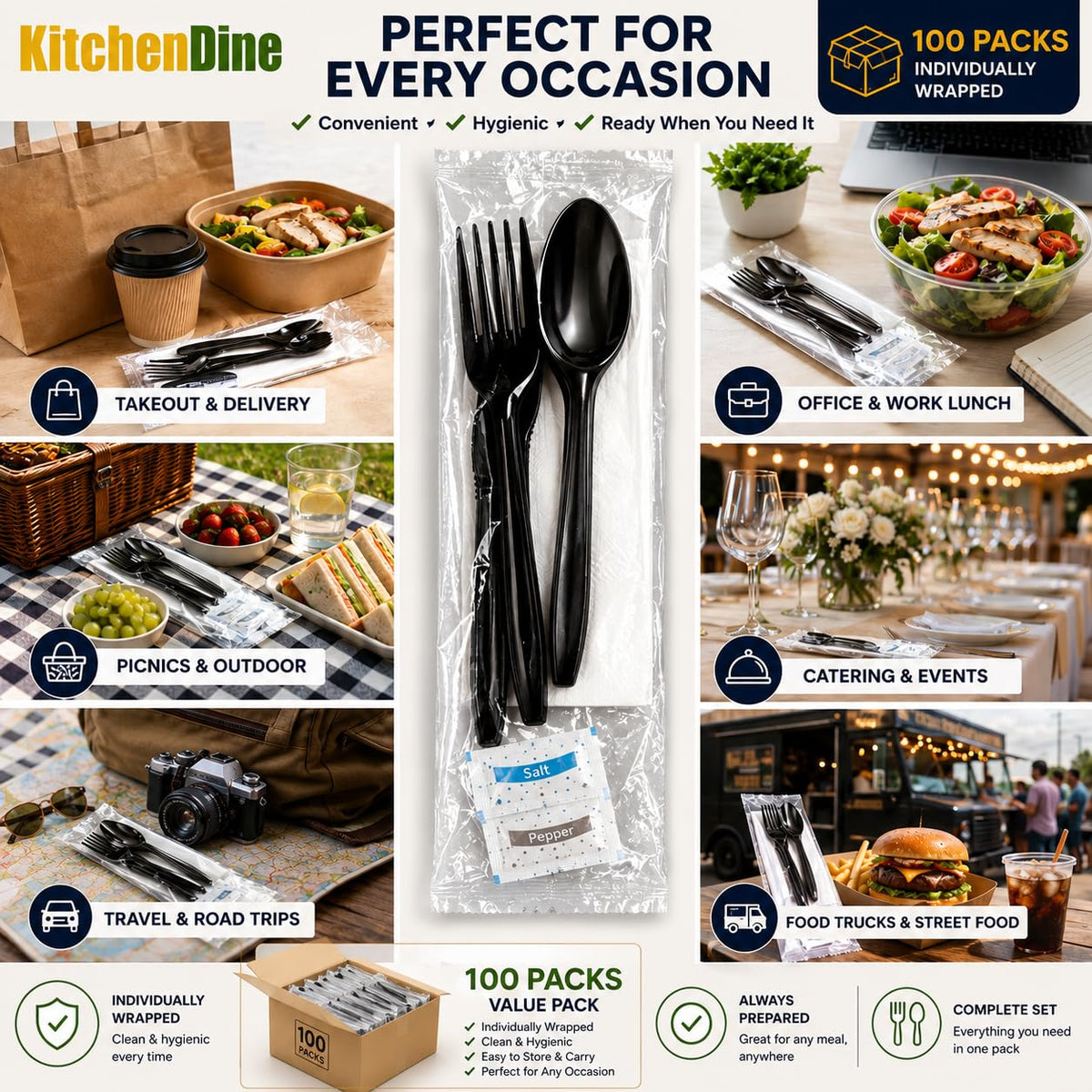 KitchenDine 100 Pack Medium Weight Wrapped Black Plastic Cutlery Pack with Napkin and Salt/Pepper Packets (Black) – full