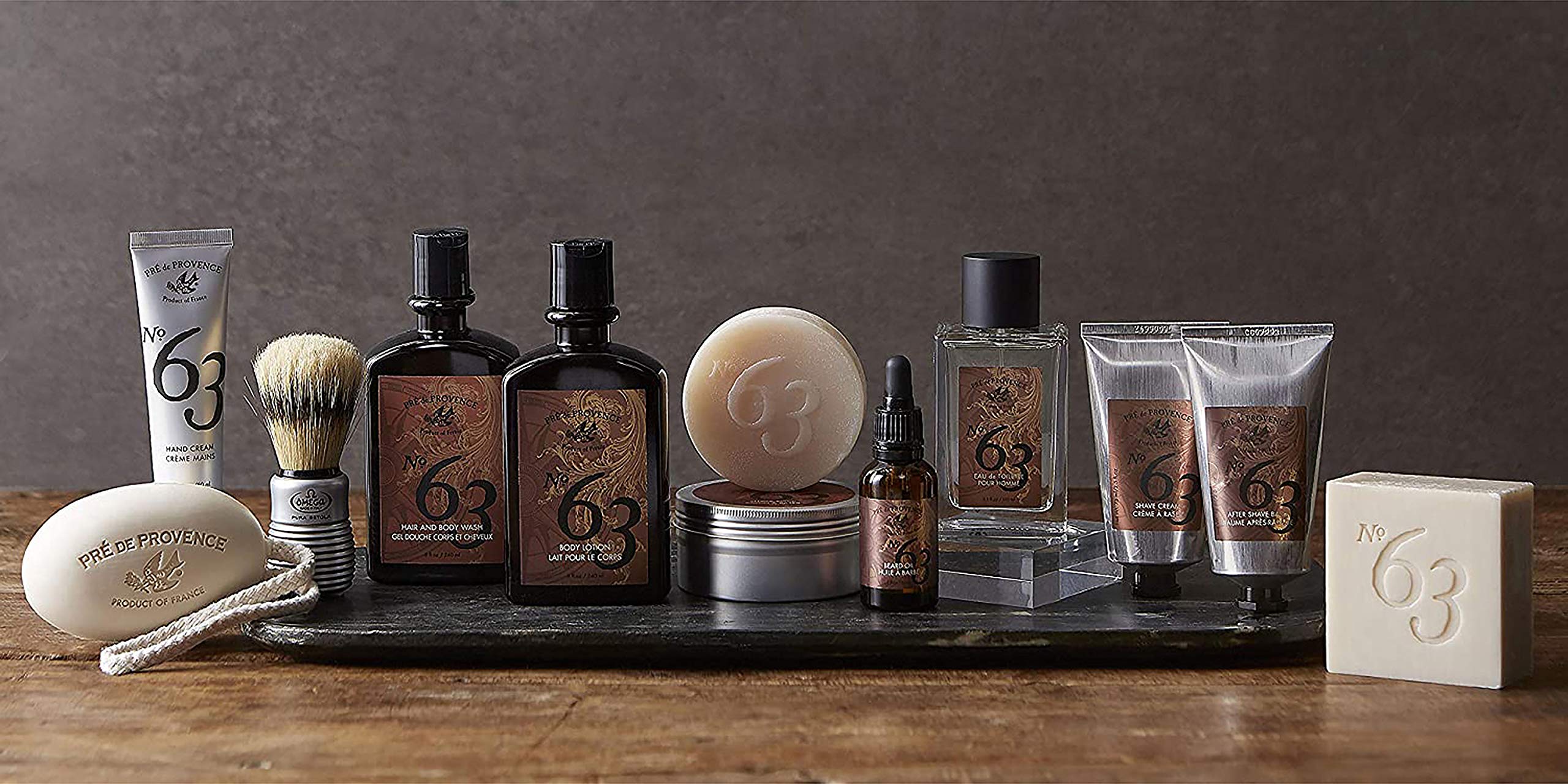 Pre de Provence No.63 men's shave soap in a tin, skin cleaning agent with rich lather and classic packaging.