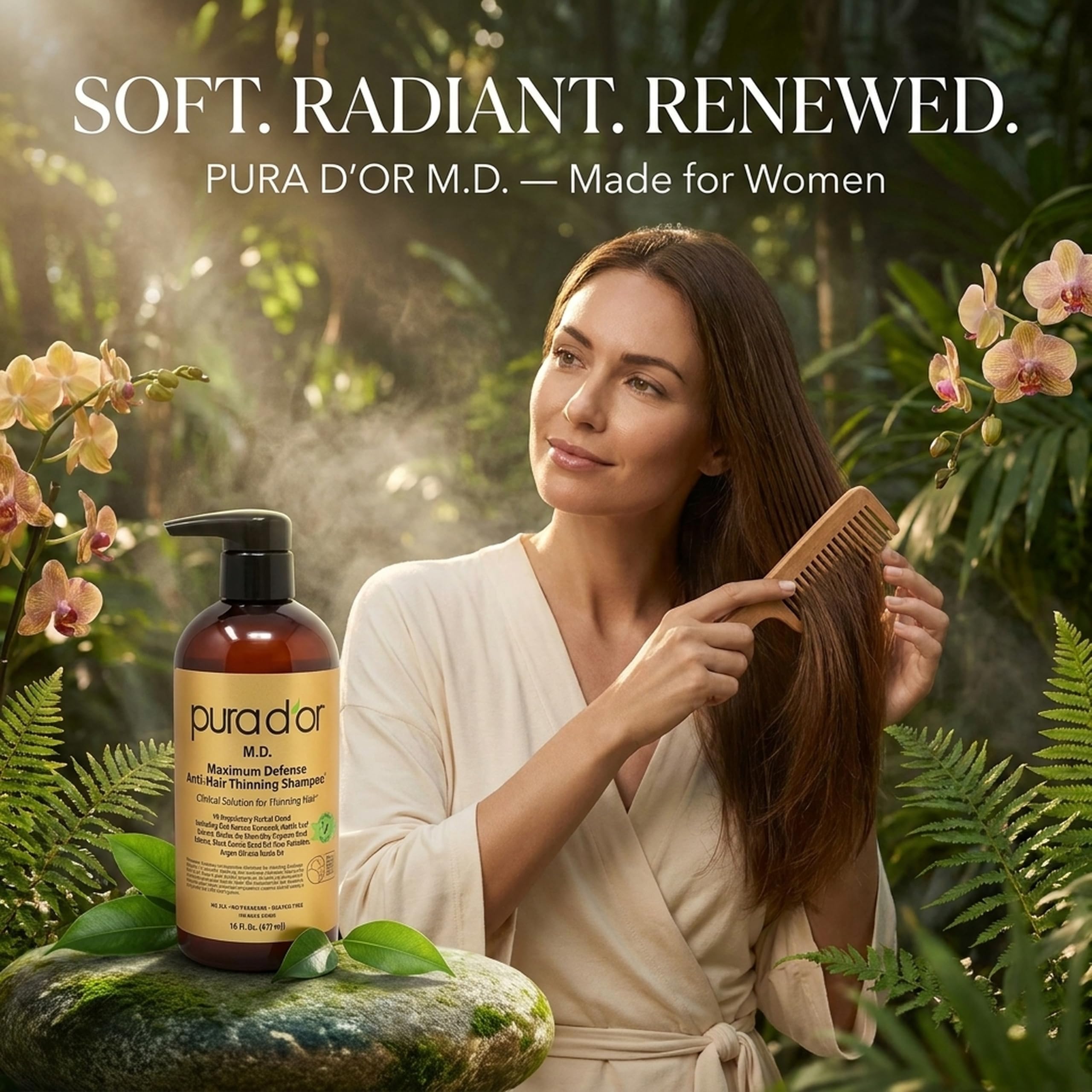 PURA D'OR MD Anti-Hair Thinning Shampoo bottle featuring coal tar, biotin, herbal blend for dry, itchy scalp, 16 oz.
