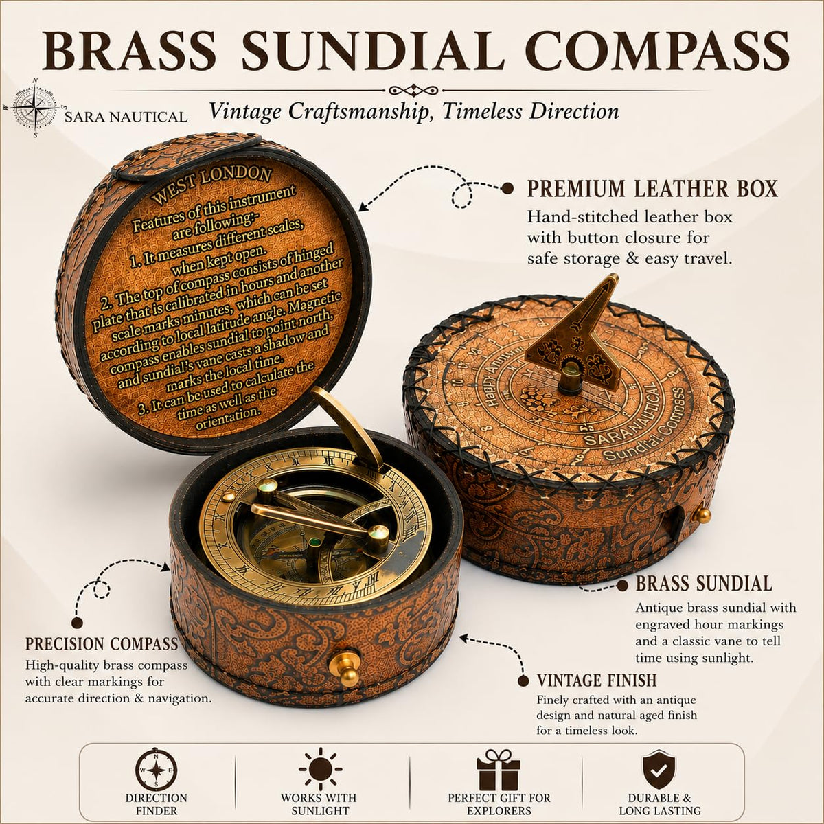 SARA NAUTICAL Antique Brass Sundial Compass, Sundial Clock in Box Gift Sun Clock Ship Replica Watch,Ship Decorations (Ne