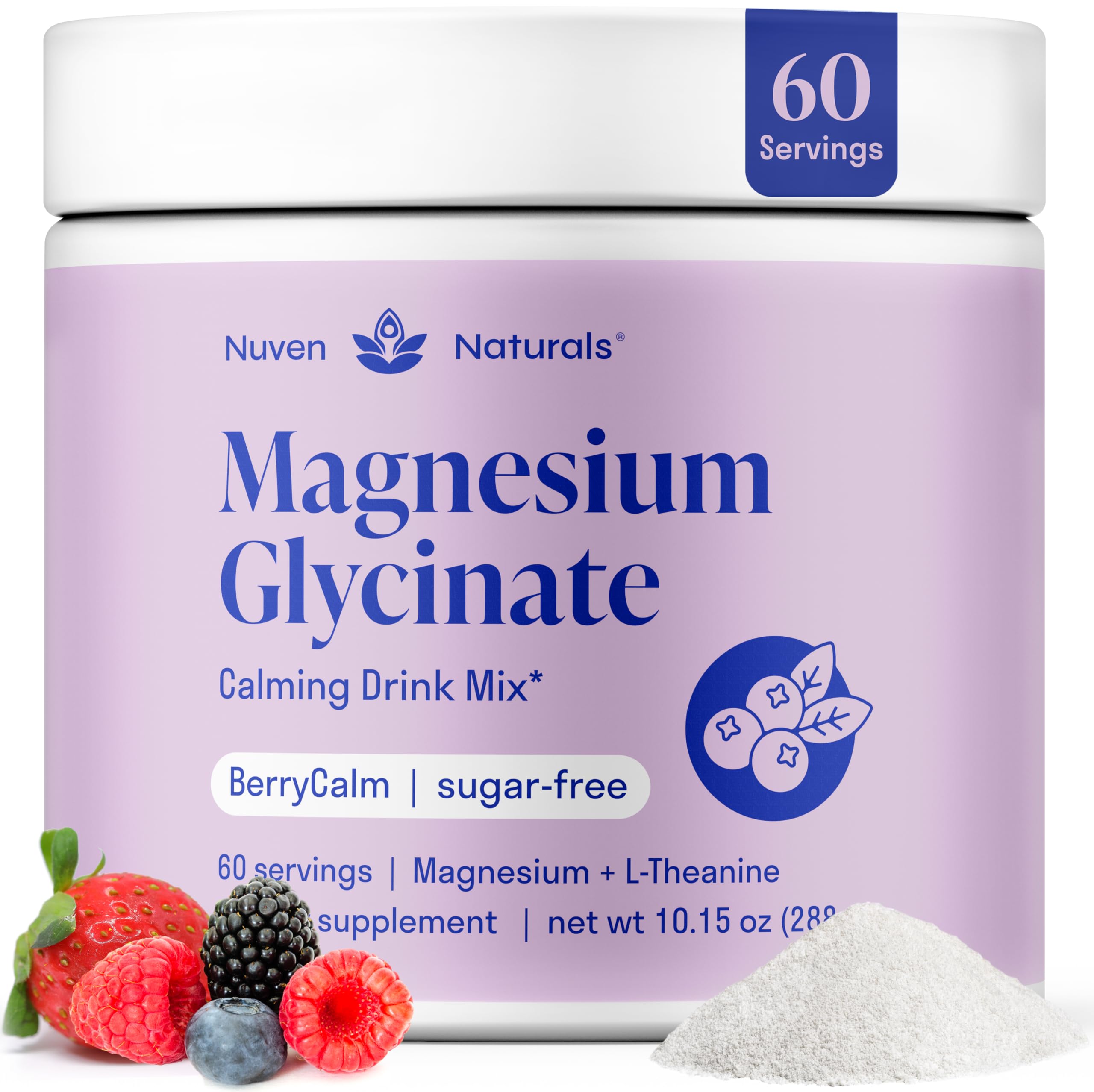 Magnesium Glycinate Powder + L Theanine, 60 Servings, 300mg, Mixed Berry
